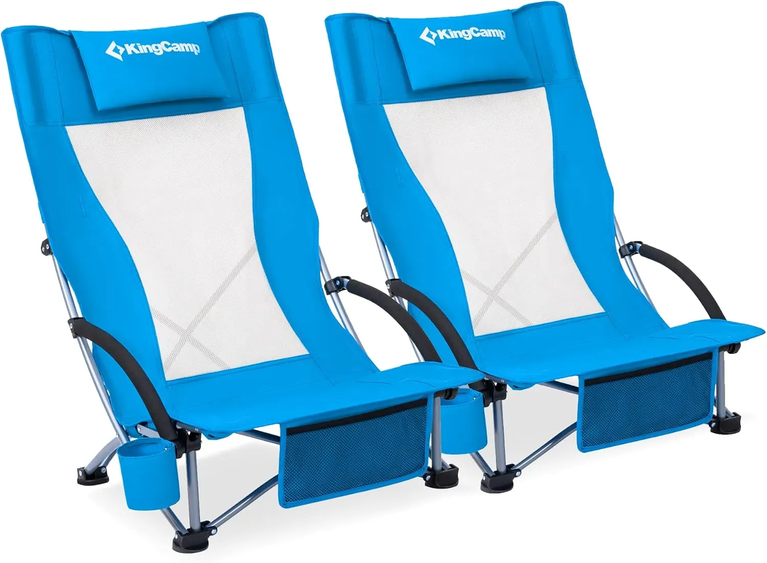 KingCamp Folding Beach Chair 2 Pack High Back Lightweight Portable Backpack Chair with Headrest, Cup Holder for Camping Outdoor Sand Concert Lawn Festival Sports, Blue