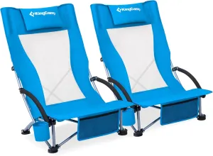 KingCamp Folding Beach Chair 2 Pack High Back Lightweight Portable Backpack Chair with Headrest, Cup Holder for Camping Outdoor Sand Concert Lawn Festival Sports, Blue