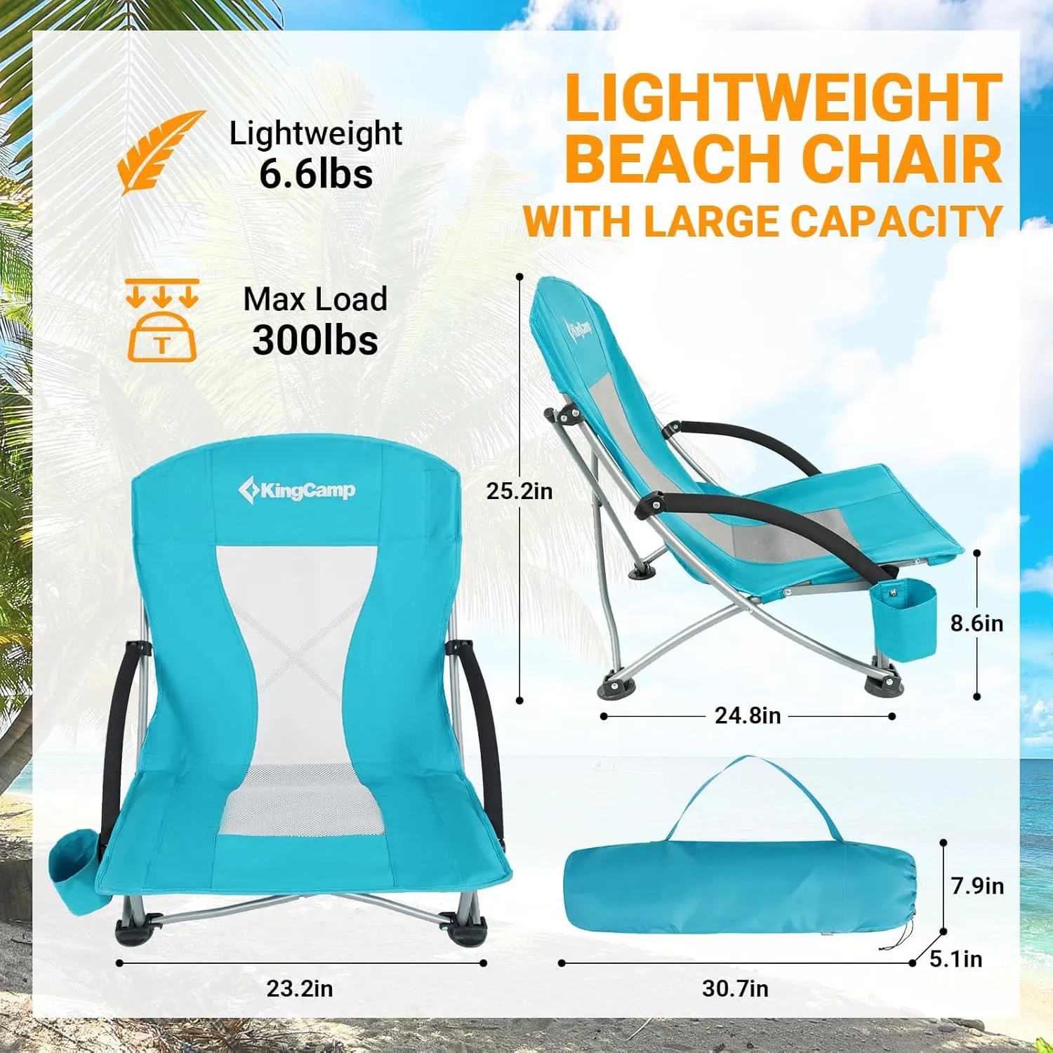 KingCamp Low Beach Chair 2 Pack Folding Portable Lightweight Backpack Chair for Adults with Cup Holder Pocket Carry Bag for Outdoor Camping Concert Festival Travel Sports Lawn Sand, Cyan