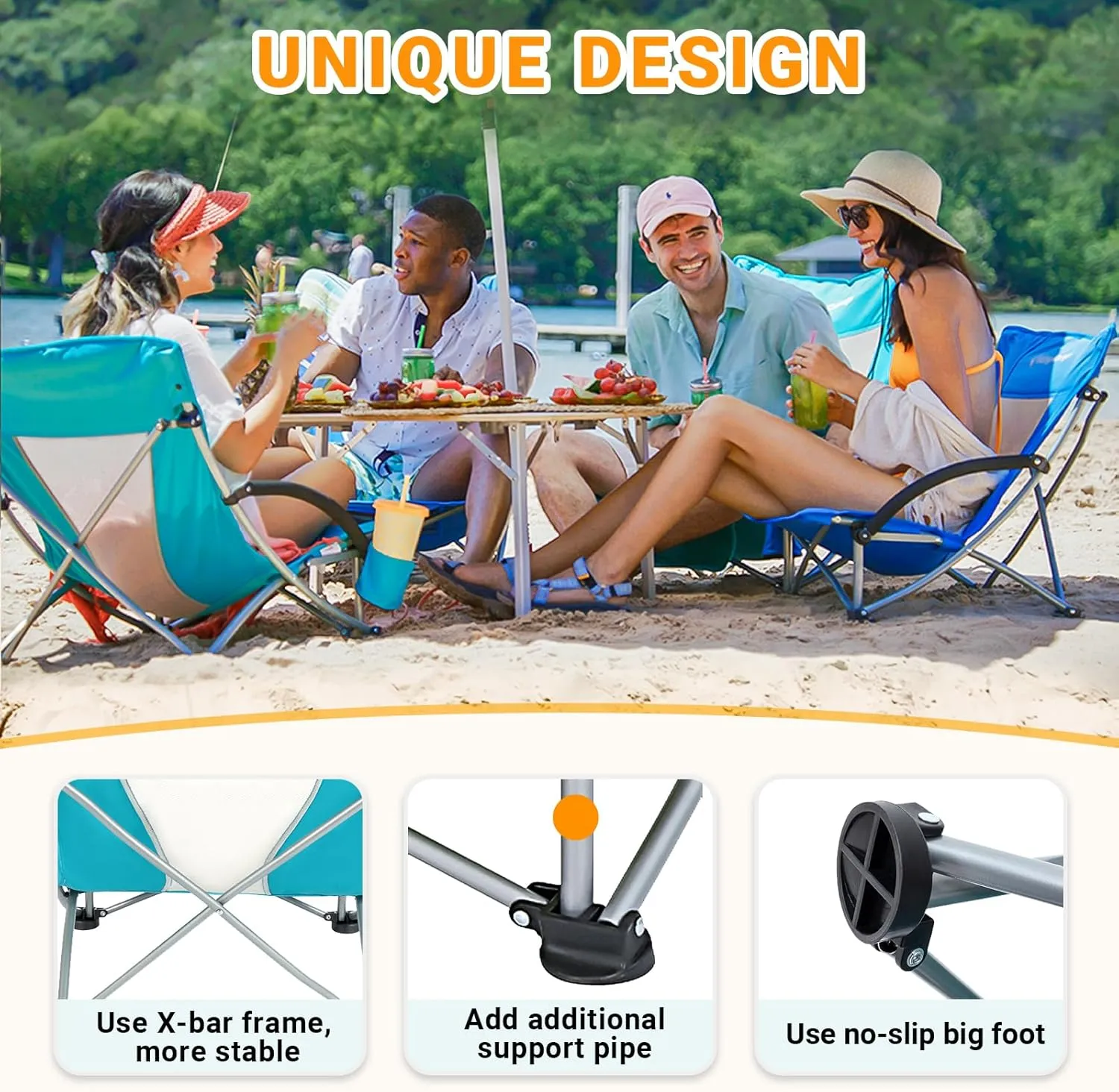 KingCamp Low Beach Chair 2 Pack Folding Portable Lightweight Backpack Chair for Adults with Cup Holder Pocket Carry Bag for Outdoor Camping Concert Festival Travel Sports Lawn Sand, Cyan