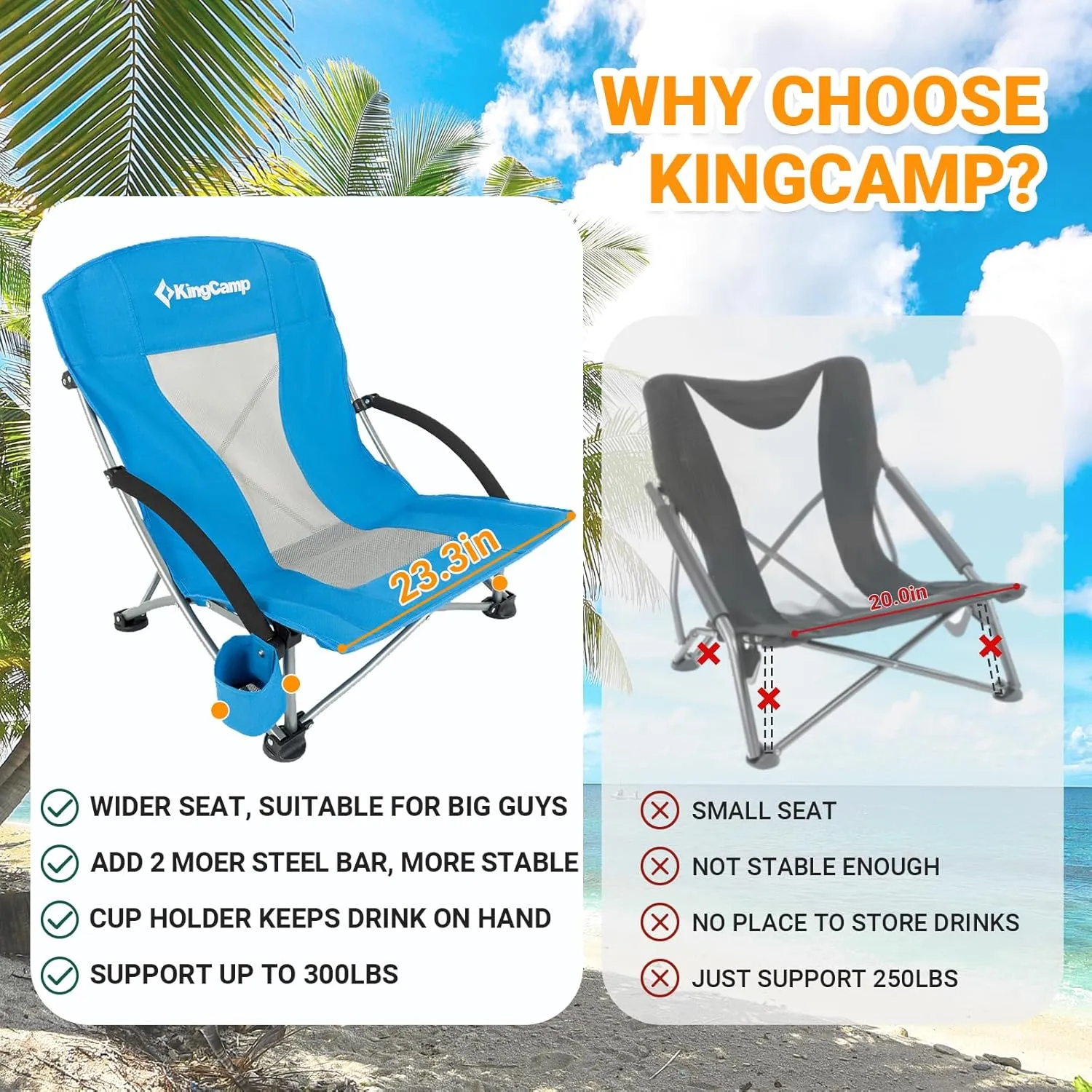 KingCamp Low Beach Chair Folding Portable Lightweight Backpack Chair for Adults with Cup Holder Pocket Carry Bag for Outdoor Camping Concert Festival Travel Sports Lawn Sand, Blue