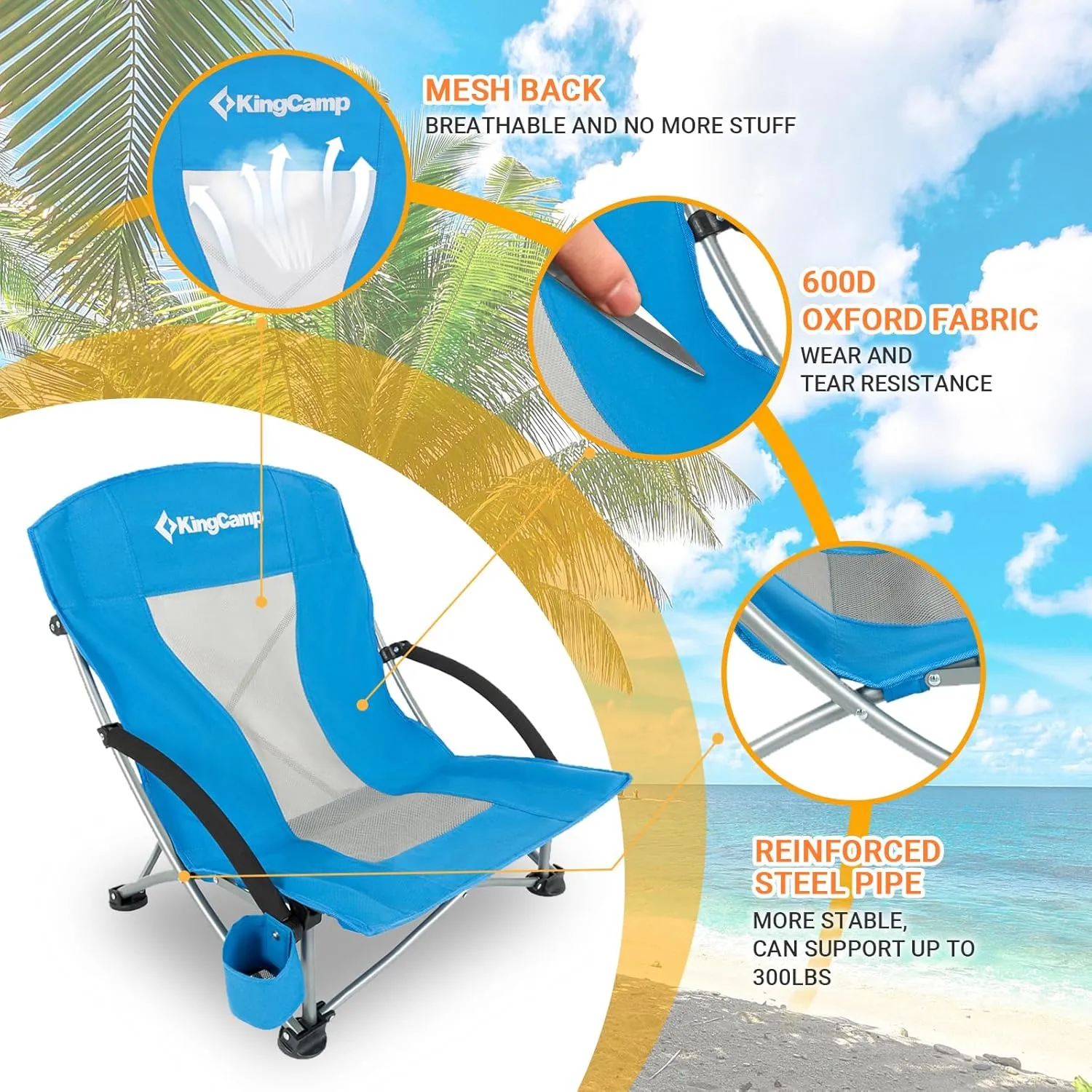 KingCamp Low Beach Chair Folding Portable Lightweight Backpack Chair for Adults with Cup Holder Pocket Carry Bag for Outdoor Camping Concert Festival Travel Sports Lawn Sand, Blue