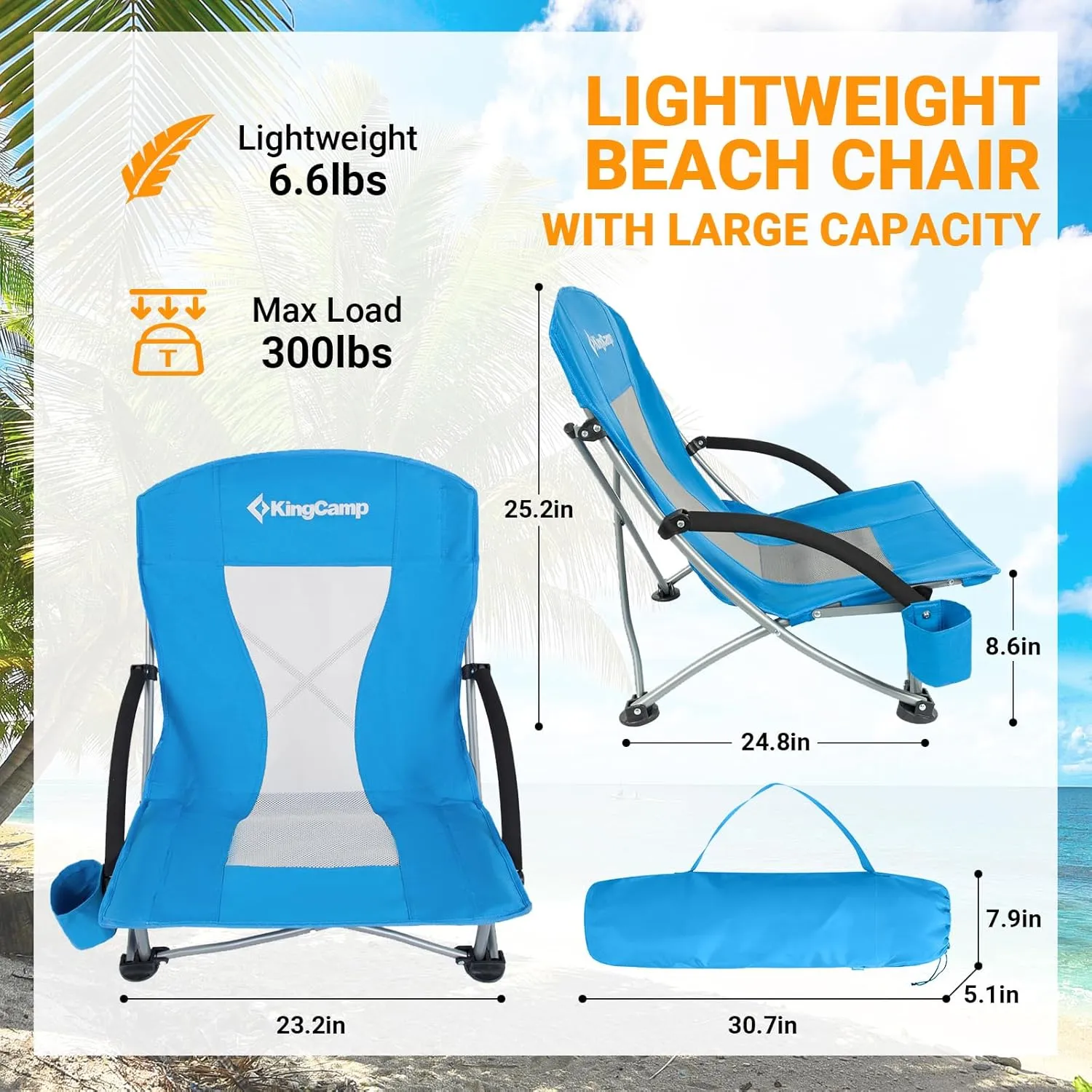 KingCamp Low Beach Chair Folding Portable Lightweight Backpack Chair for Adults with Cup Holder Pocket Carry Bag for Outdoor Camping Concert Festival Travel Sports Lawn Sand, Blue