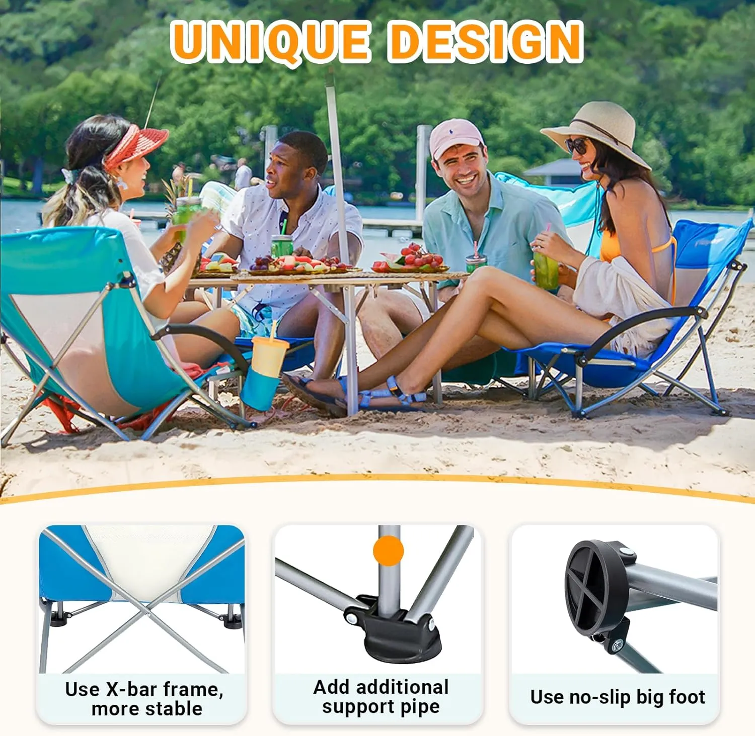 KingCamp Low Beach Chair Folding Portable Lightweight Backpack Chair for Adults with Cup Holder Pocket Carry Bag for Outdoor Camping Concert Festival Travel Sports Lawn Sand, Blue
