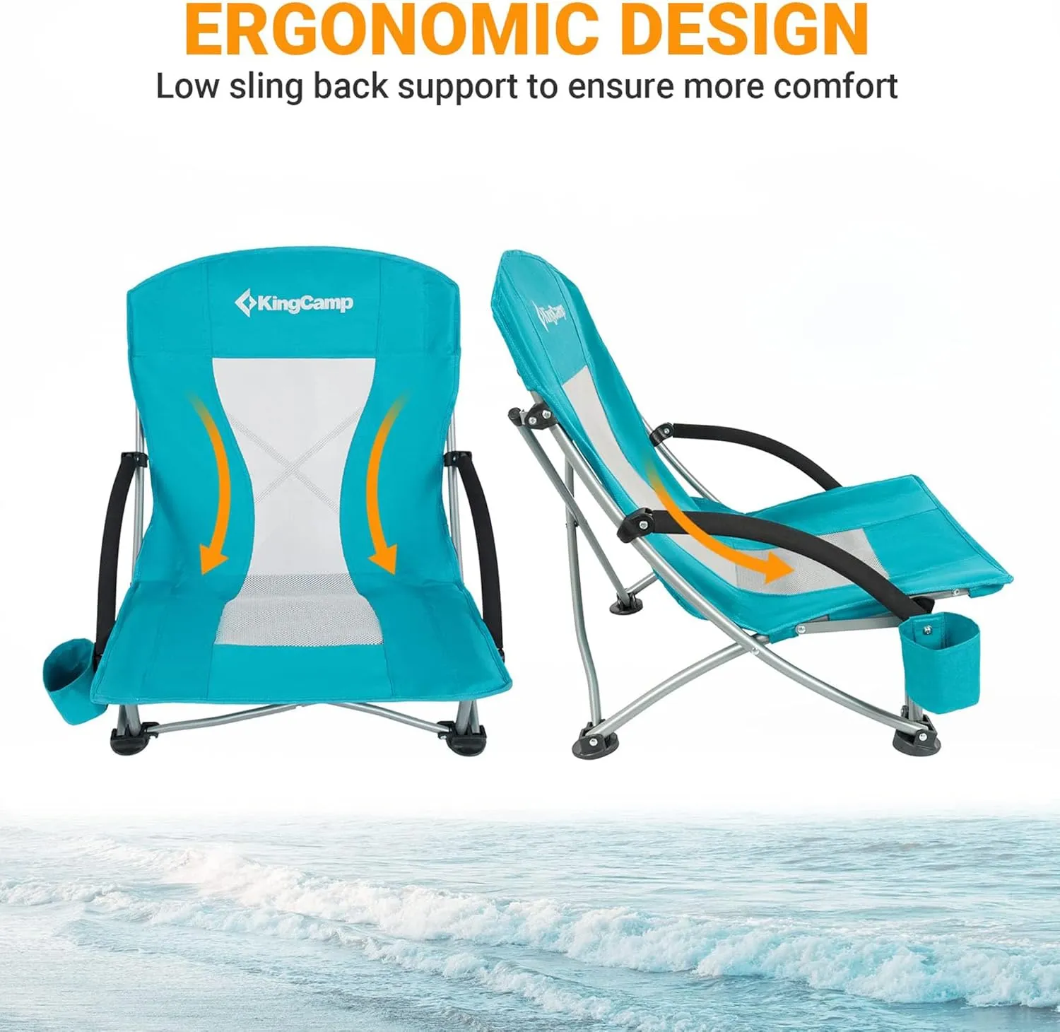 KingCamp Low Folding Beach Chair - Portable & Heavy Duty Beach Gear with 300lbs Capacity, Low Seat Design, Lightweight Camping Chair for Adults, Beach, Picnic, Concert & Outdoor Activities
