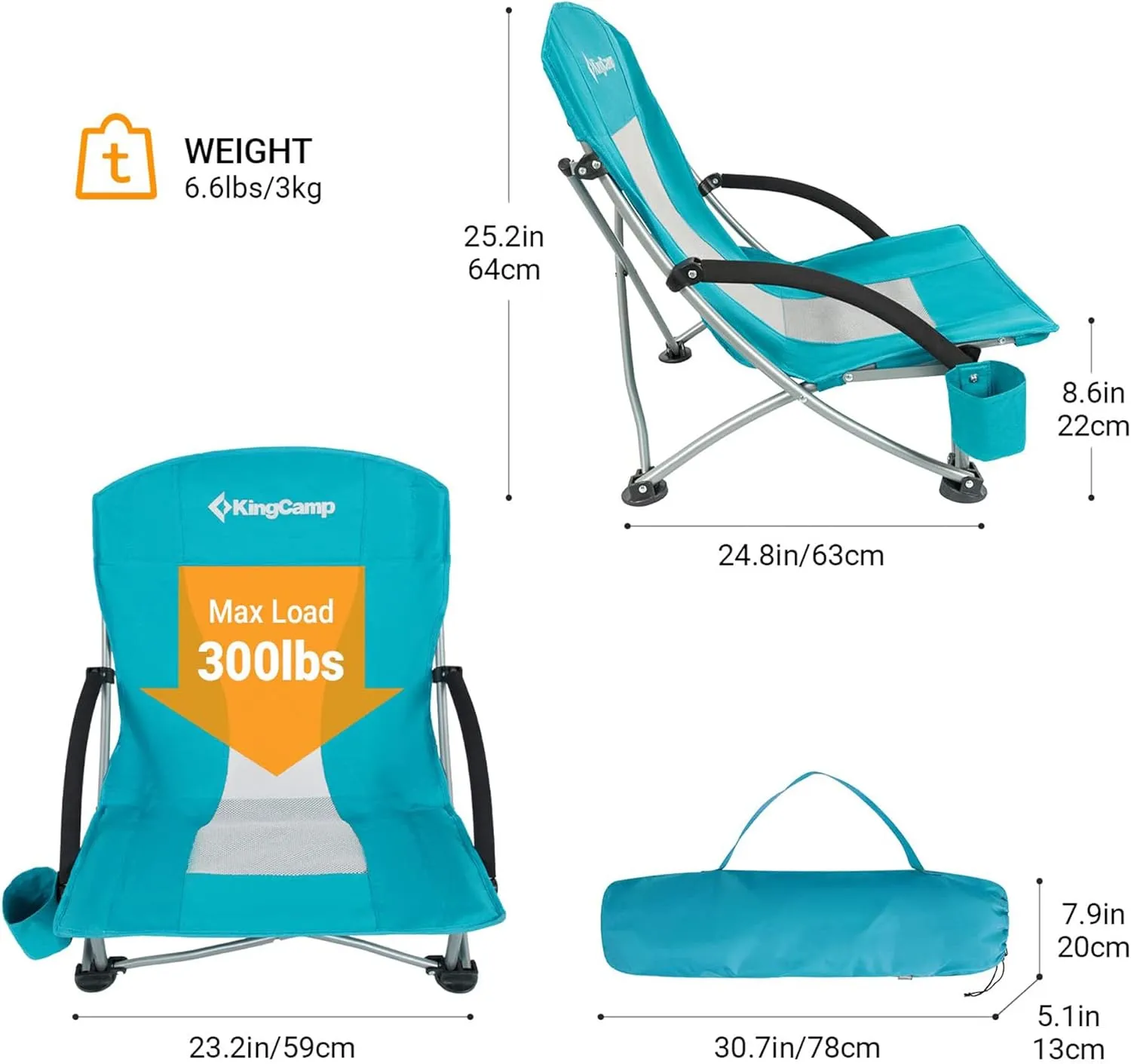 KingCamp Low Folding Beach Chair - Portable & Heavy Duty Beach Gear with 300lbs Capacity, Low Seat Design, Lightweight Camping Chair for Adults, Beach, Picnic, Concert & Outdoor Activities