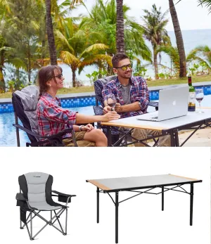 KingCamp Oversized Camping Folding Chair, Heavy Duty 450 LBS with Lumbar Support&Folding Camping Table, Aluminum Roll-Up Camp Table