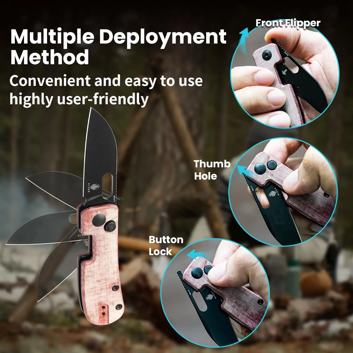 Kizer Banish Pocket Knife, Nitro-V Steel Blade, Linen Micarta Handle, Folding Knife with Reversible Clip, Small EDC Knife for Men Women, Camping Hunting Survival Hiking Fishing, V2676A4