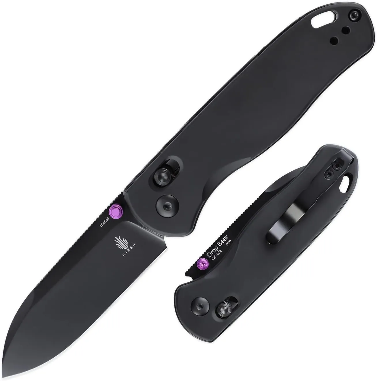 Kizer Drop Bear EDC Folding Knife - Black Aluminum Handle, 154CM Steel Blade Pocket Knife with Thumb-Stud for Outdoor Use, V3619C2