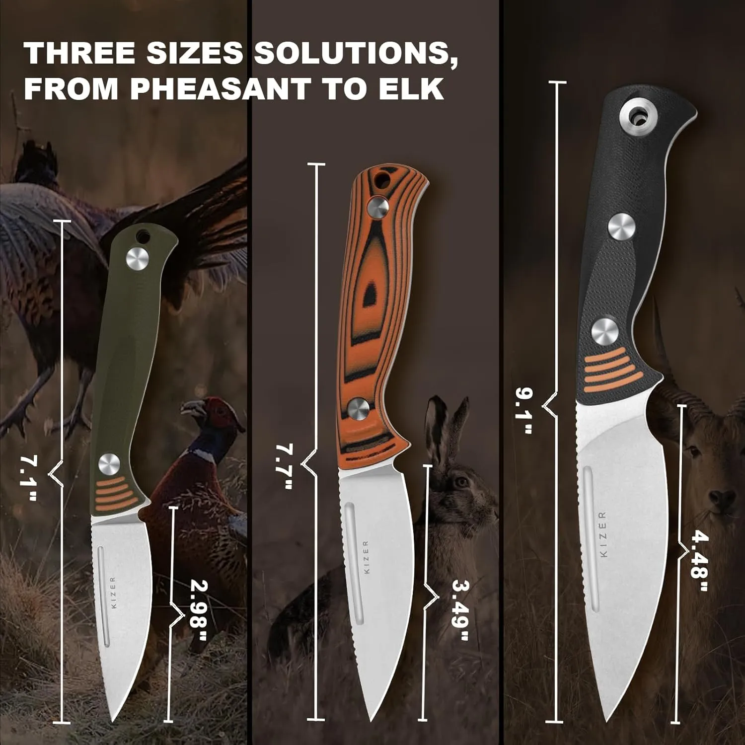Kizer Evenki1 Fixed Blade Knife, 2.98" AEB-L Drop Point Blade Hunting Knife with Orange & Green G10 Handle, Full Tang Survival Knives with Adjustable Sheath & Sharpener, Small Camping Knives, 1097A1
