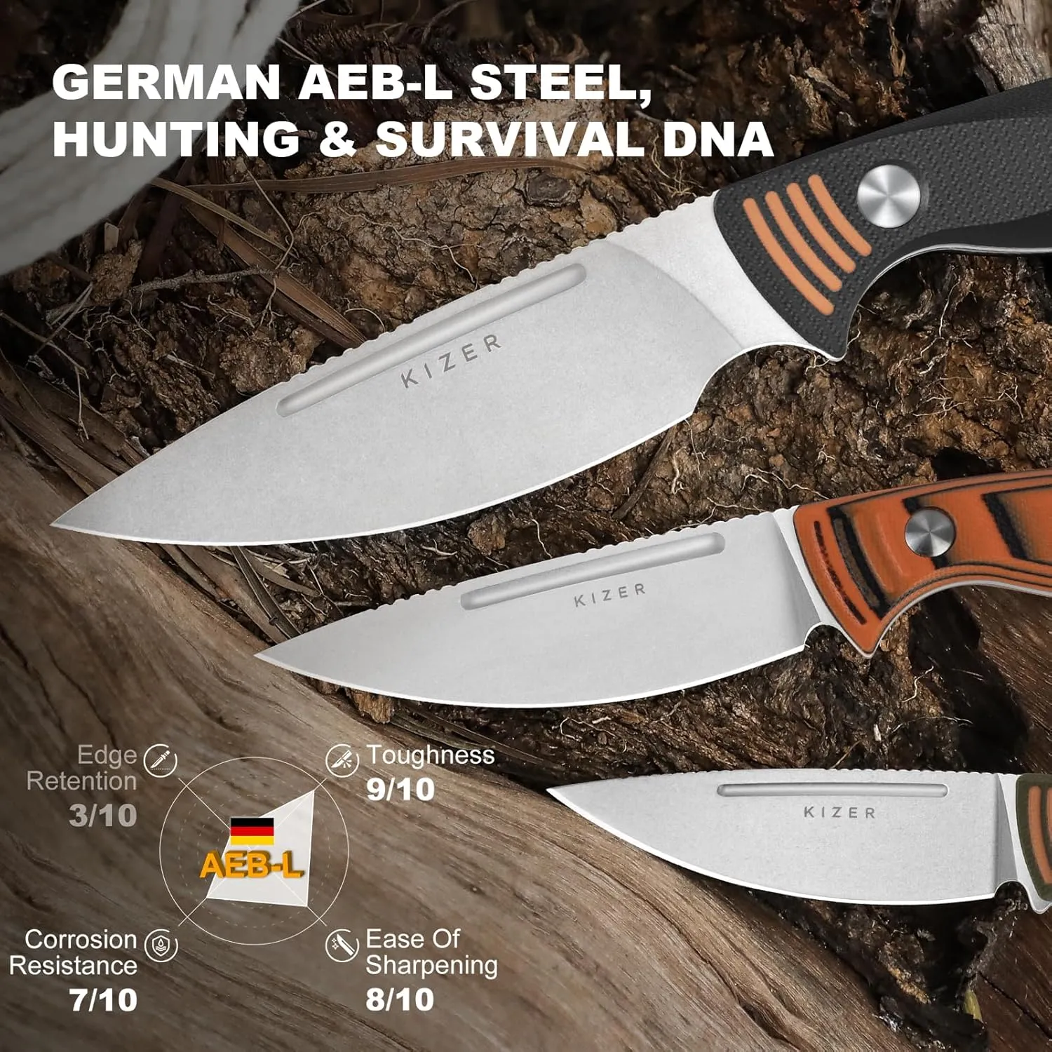 Kizer Evenki1 Fixed Blade Knife, 2.98" AEB-L Drop Point Blade Hunting Knife with Orange & Green G10 Handle, Full Tang Survival Knives with Adjustable Sheath & Sharpener, Small Camping Knives, 1097A1