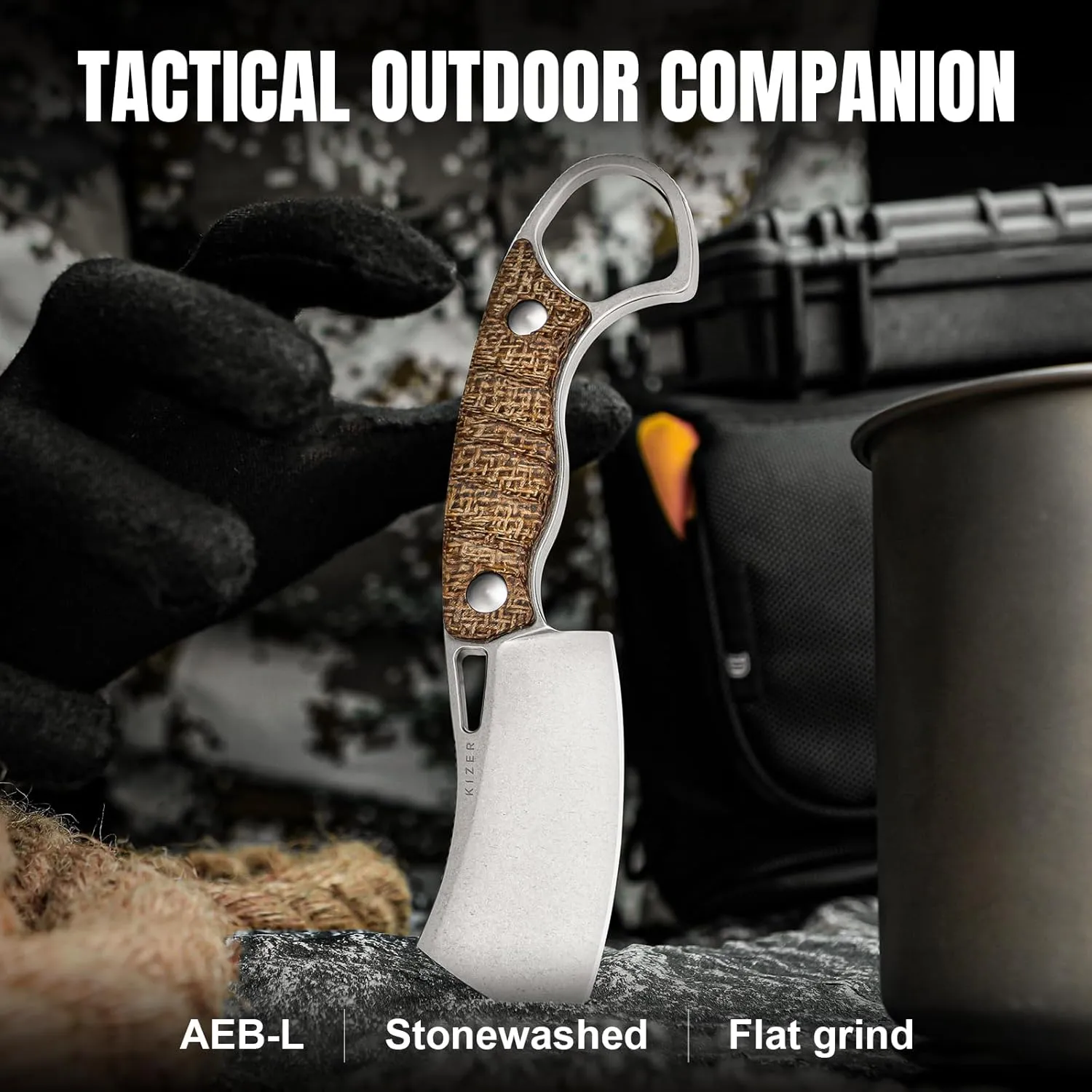 Kizer Little Rhino Fixed Blade Knife, 2.72’’ AEB-L Steel Camping Fixed Blade Knives, Burlap Micarta Handle fixed blade Hunting Knife with Sheath, Outdoor Hiking Survival Knives for Men Women 1065A4