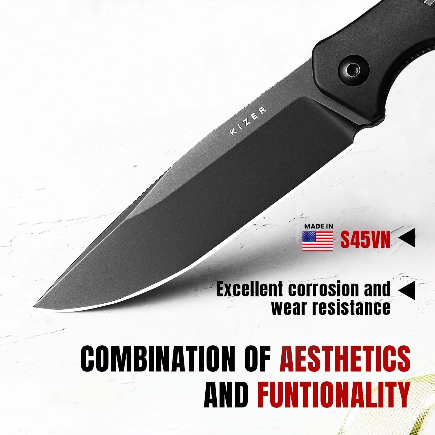 Kizer Militaw Fixed Blade Knife with Sheath, S35VN Blade Camping Knife with Aluminium Fat Carbon Handle, Fixed Blade EDC Knives for Men Women Gift, Outdoor Hunting Hiking Survival Knives 1067A1
