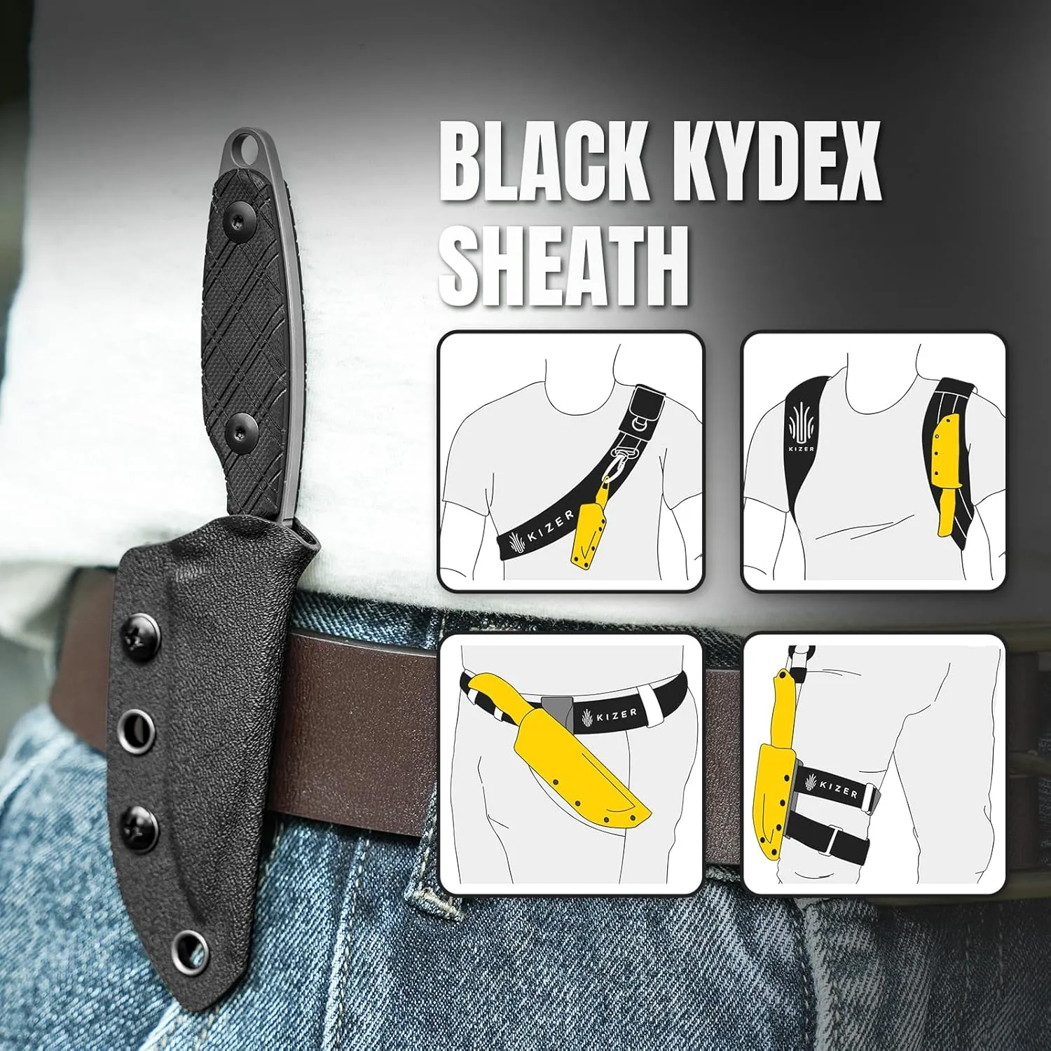 Kizer Muskrat Fixed Blade Knife, 3.15 In D2 Blade EDC Knife Argyle Pattern Black G10 Handle Neck Knives for Men Women, Outdoor Hunting Hiking Survival Camping Knives with Sheath, 1064M3