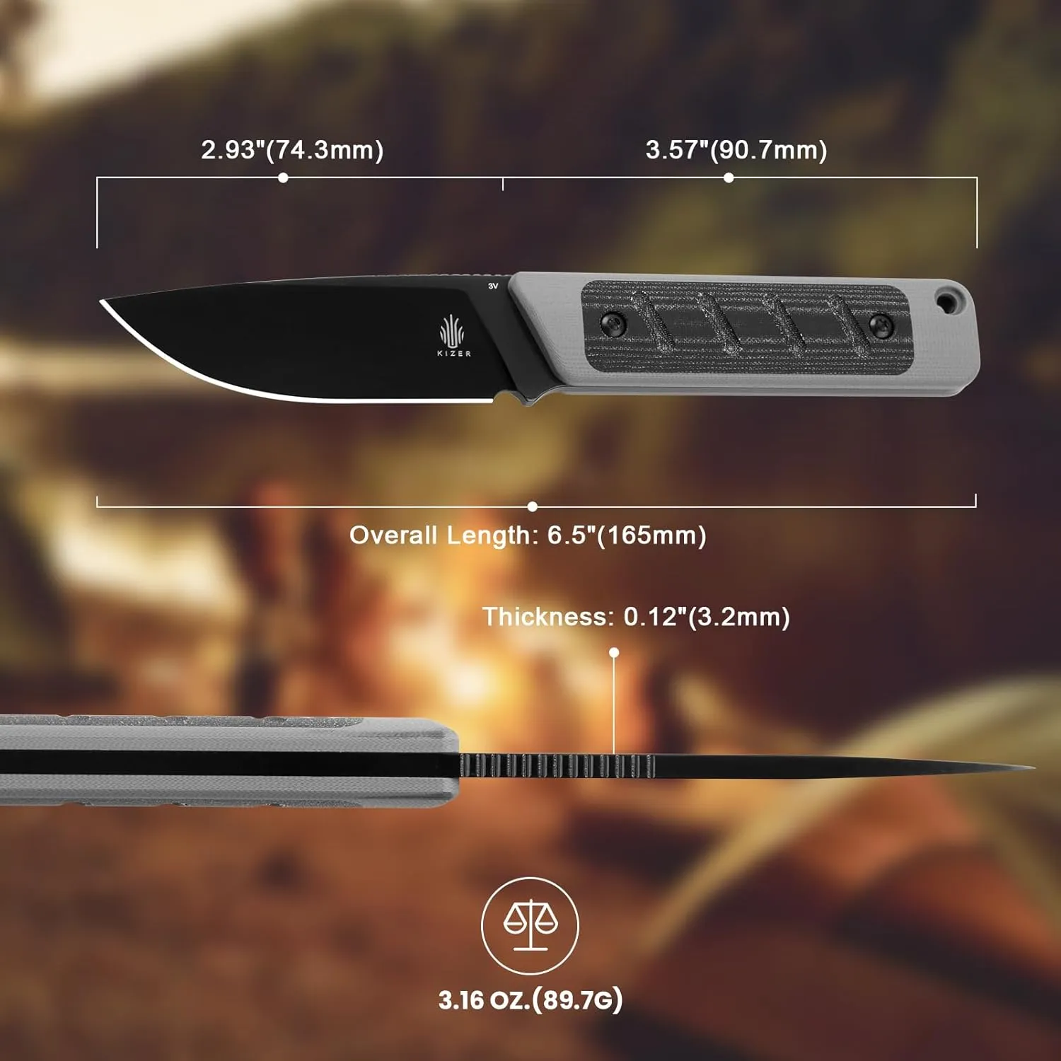 Kizer Smolt Fixed Blade Knife, 2.93 In Drop Point Blade Fixed-blade Knives with Sheath, 3V Steel and G10 Micarta Handle Fixed Blade Utility Knife for Men Women Outdoor Survival EDC, 1063A1