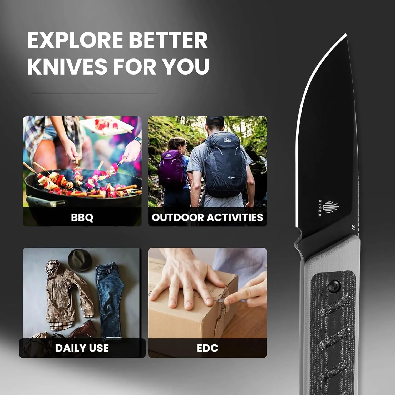 Kizer Smolt Fixed Blade Knife, 2.93 In Drop Point Blade Fixed-blade Knives with Sheath, 3V Steel and G10 Micarta Handle Fixed Blade Utility Knife for Men Women Outdoor Survival EDC, 1063A1