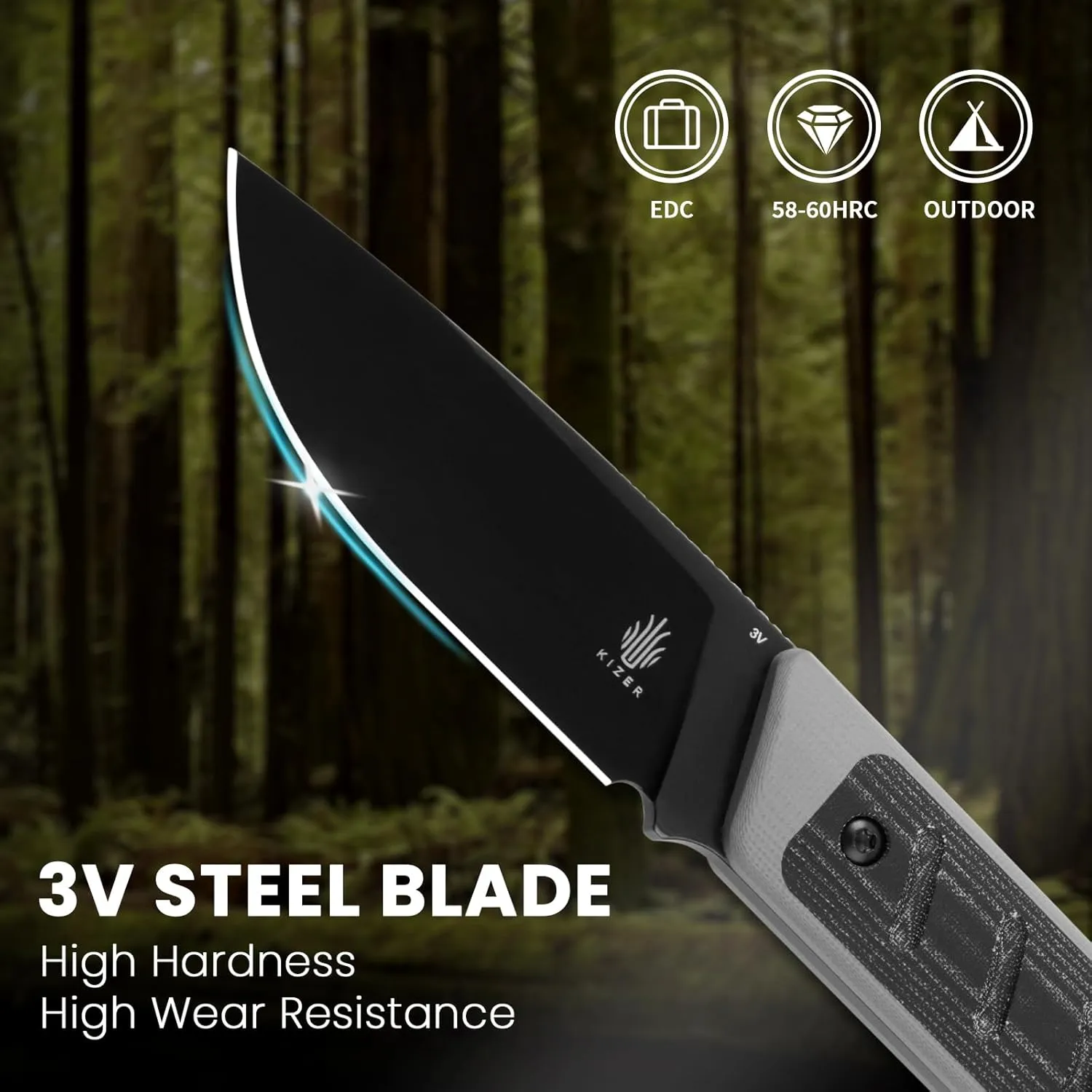Kizer Smolt Fixed Blade Knife, 2.93 In Drop Point Blade Fixed-blade Knives with Sheath, 3V Steel and G10 Micarta Handle Fixed Blade Utility Knife for Men Women Outdoor Survival EDC, 1063A1