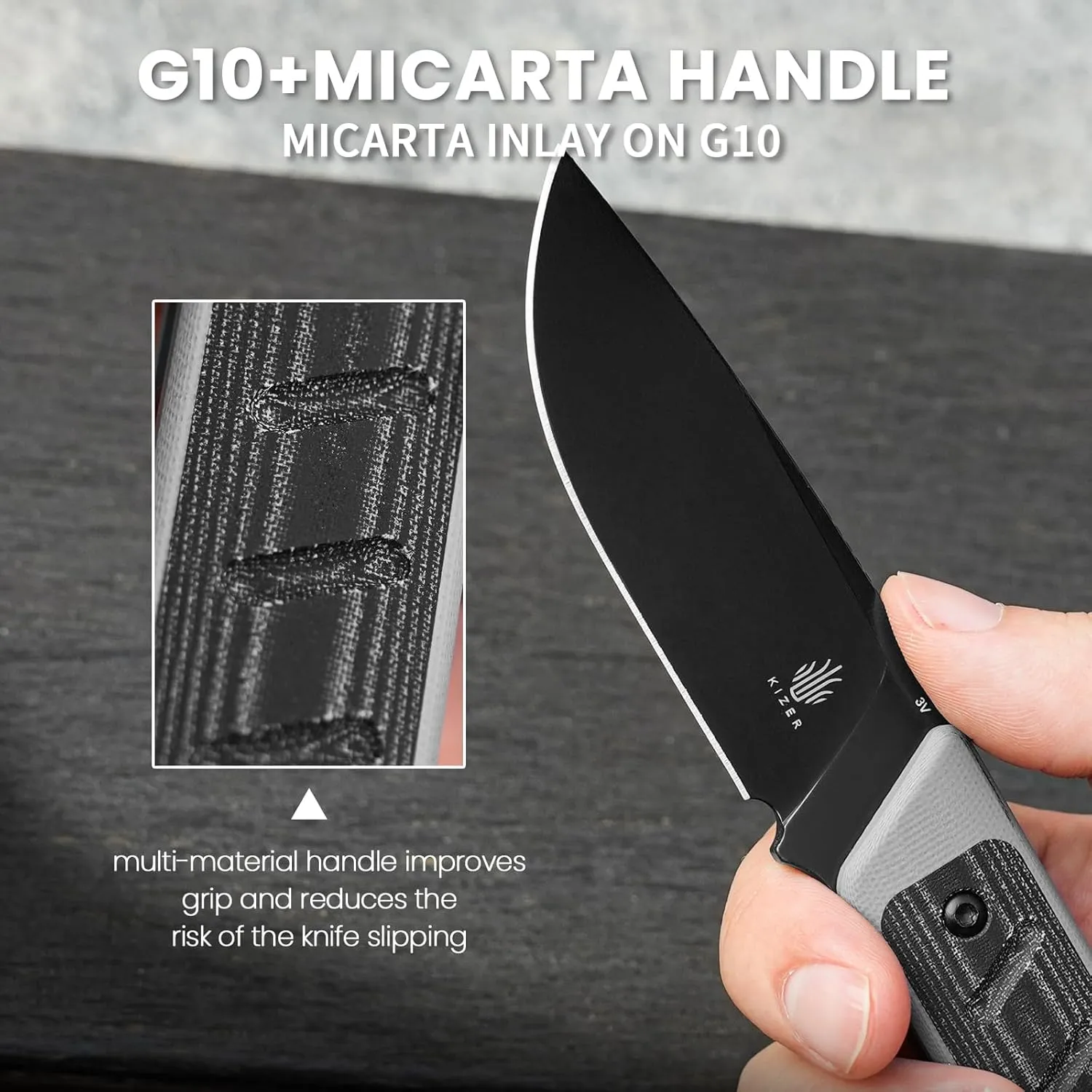 Kizer Smolt Fixed Blade Knife, 2.93 In Drop Point Blade Fixed-blade Knives with Sheath, 3V Steel and G10 Micarta Handle Fixed Blade Utility Knife for Men Women Outdoor Survival EDC, 1063A1