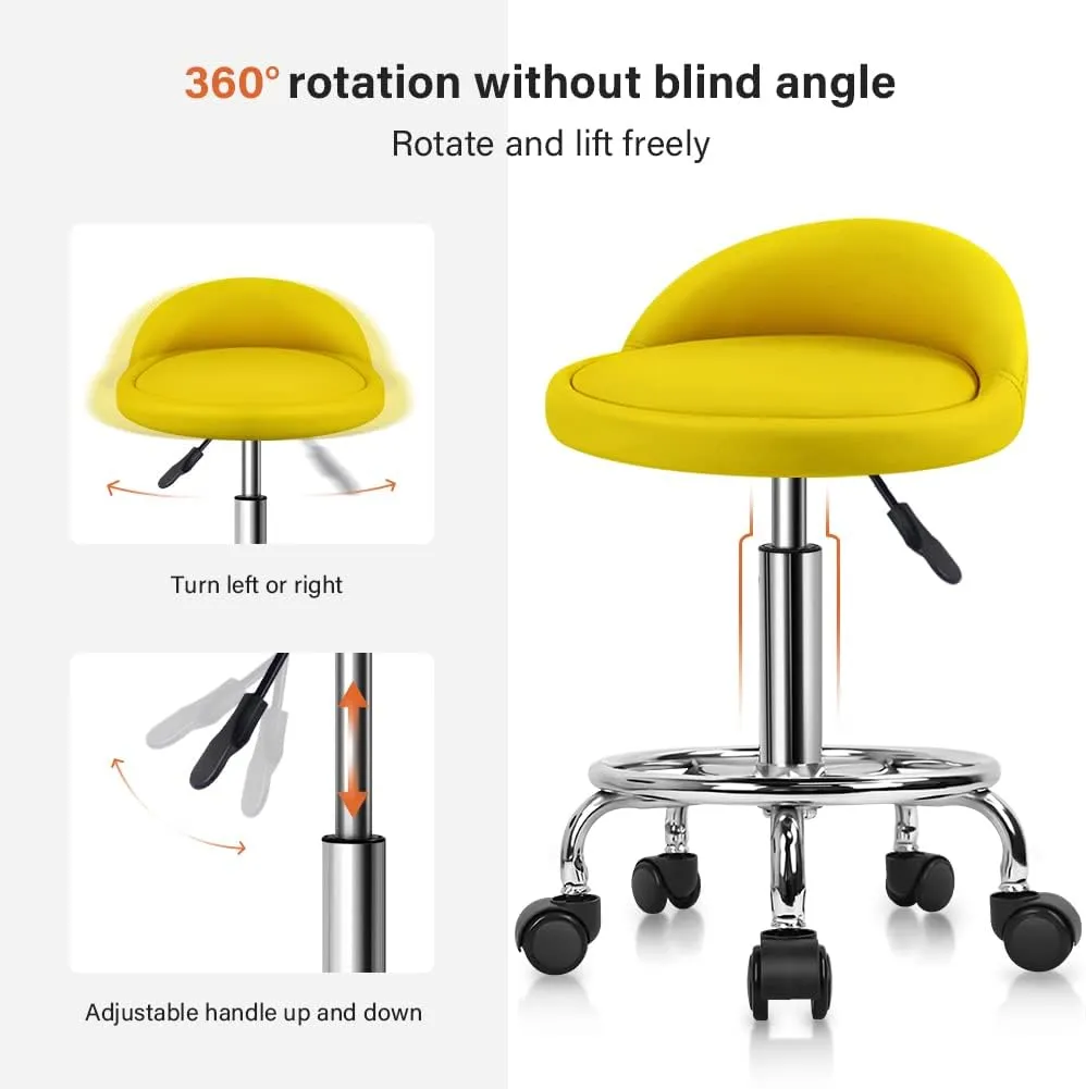 KKTONER PU Leather Round Rolling Stool with Foot Rest Height Adjustable Swivel Drafting Work SPA Task Chair with Wheels (Yellow)