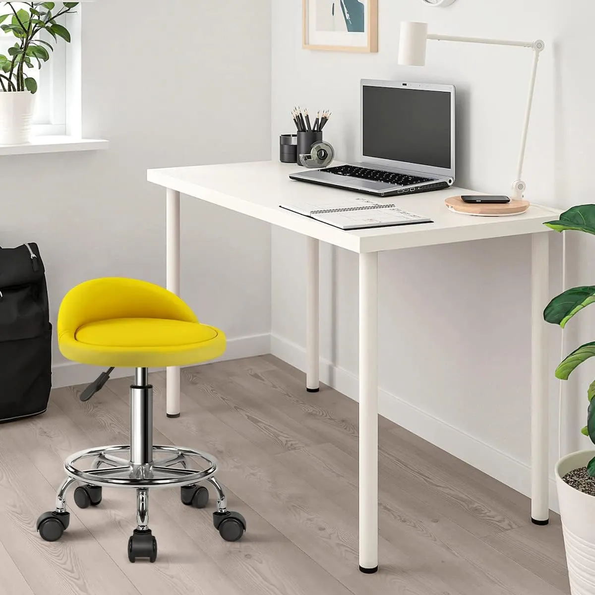 KKTONER PU Leather Round Rolling Stool with Foot Rest Height Adjustable Swivel Drafting Work SPA Task Chair with Wheels (Yellow)