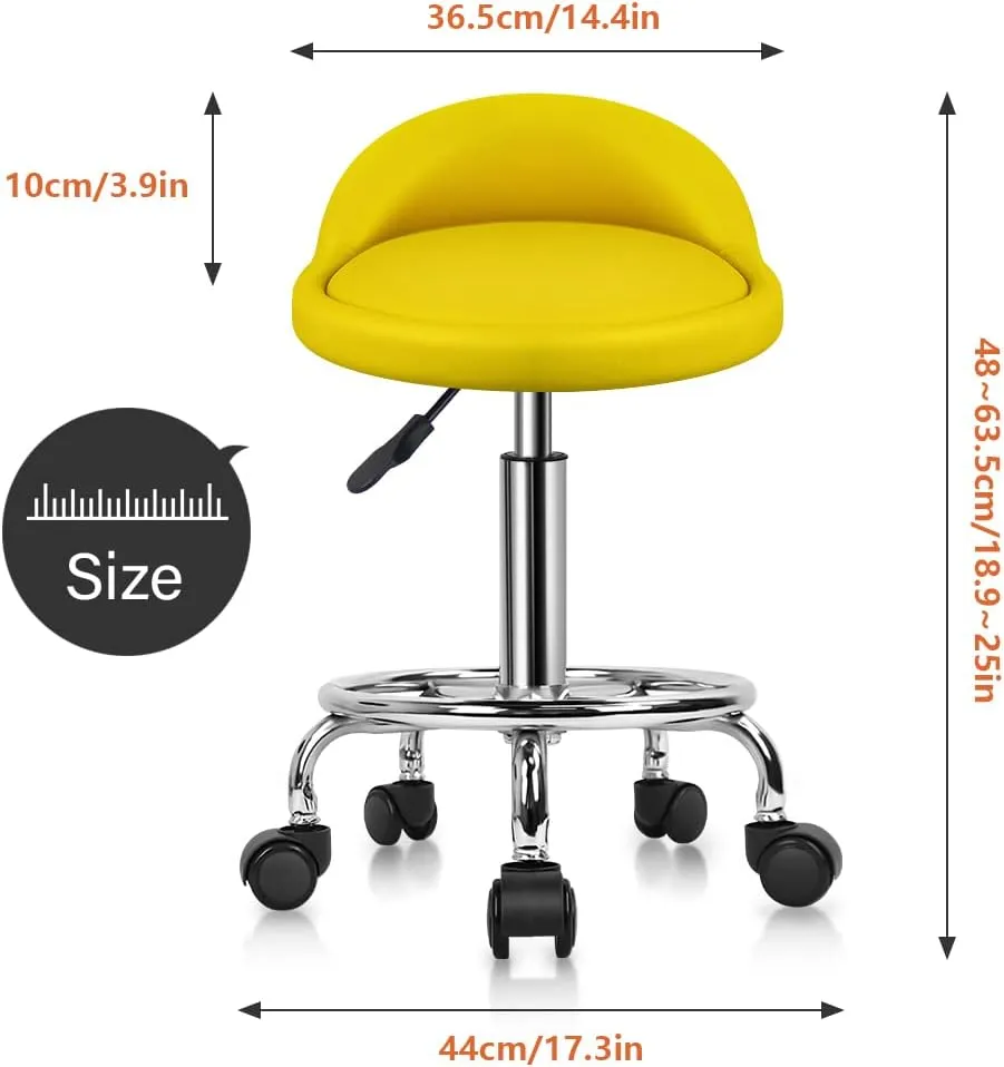 KKTONER PU Leather Round Rolling Stool with Foot Rest Height Adjustable Swivel Drafting Work SPA Task Chair with Wheels (Yellow)