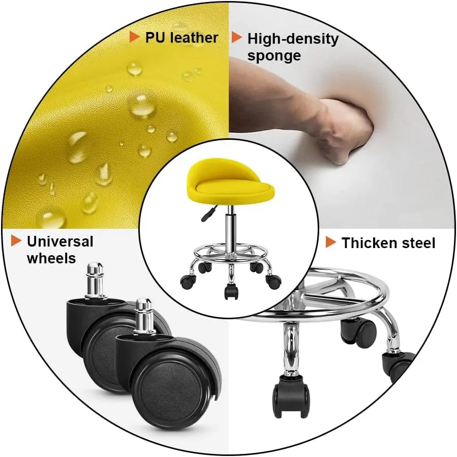 KKTONER PU Leather Round Rolling Stool with Foot Rest Height Adjustable Swivel Drafting Work SPA Task Chair with Wheels (Yellow)