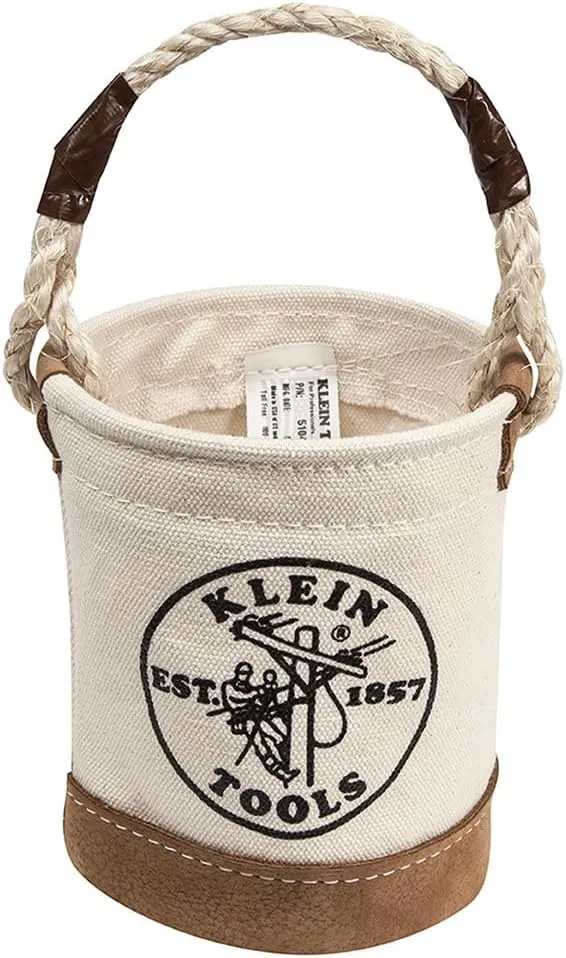 Klein Tools 5104MINI Mini Tool Bucket, All-Purpose Tool Bucket with Leather-Bottom, Nuts and Bolt Bag with Reinforced Rope Handle, Small Utility Pouch
