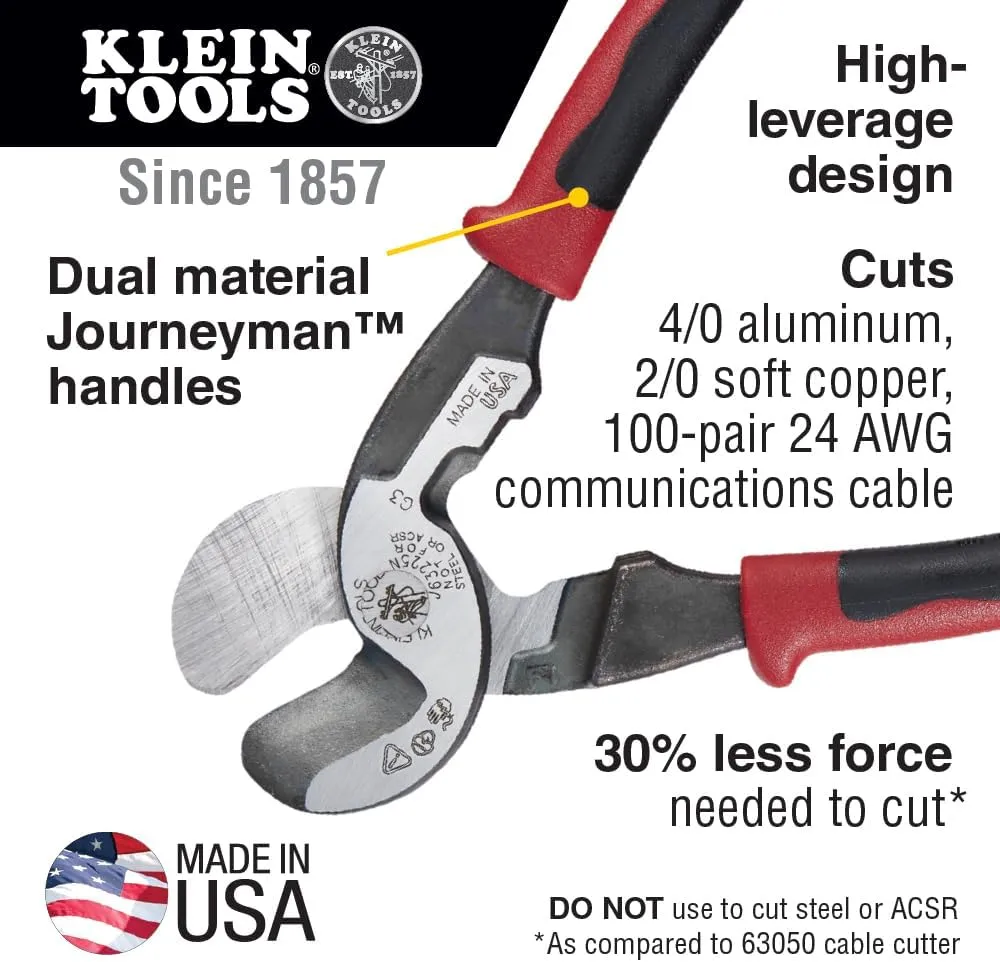 Klein Tools J63225N Journeyman High-Leverage Wire Cable Cutter and Stripper for Cutting Aluminum, Soft Copper and Communications Cable