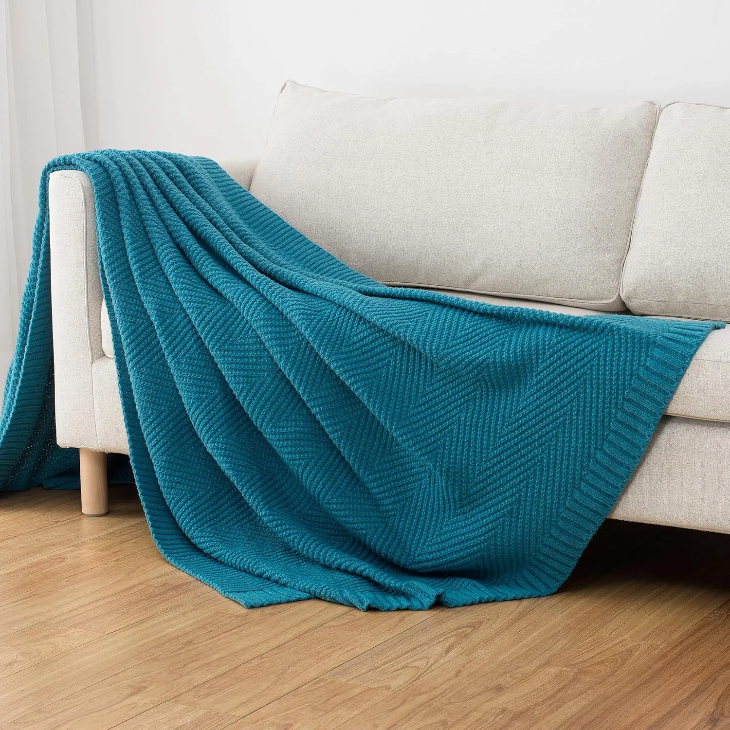 Knitted Throw Blanket 50"X60", Teal Knit Throws for Bed, Super Soft Boho Chevron Blankets for Couch Sofa Chair Room Decor, Textured Decorative Farmhouse Cozy Lightweight