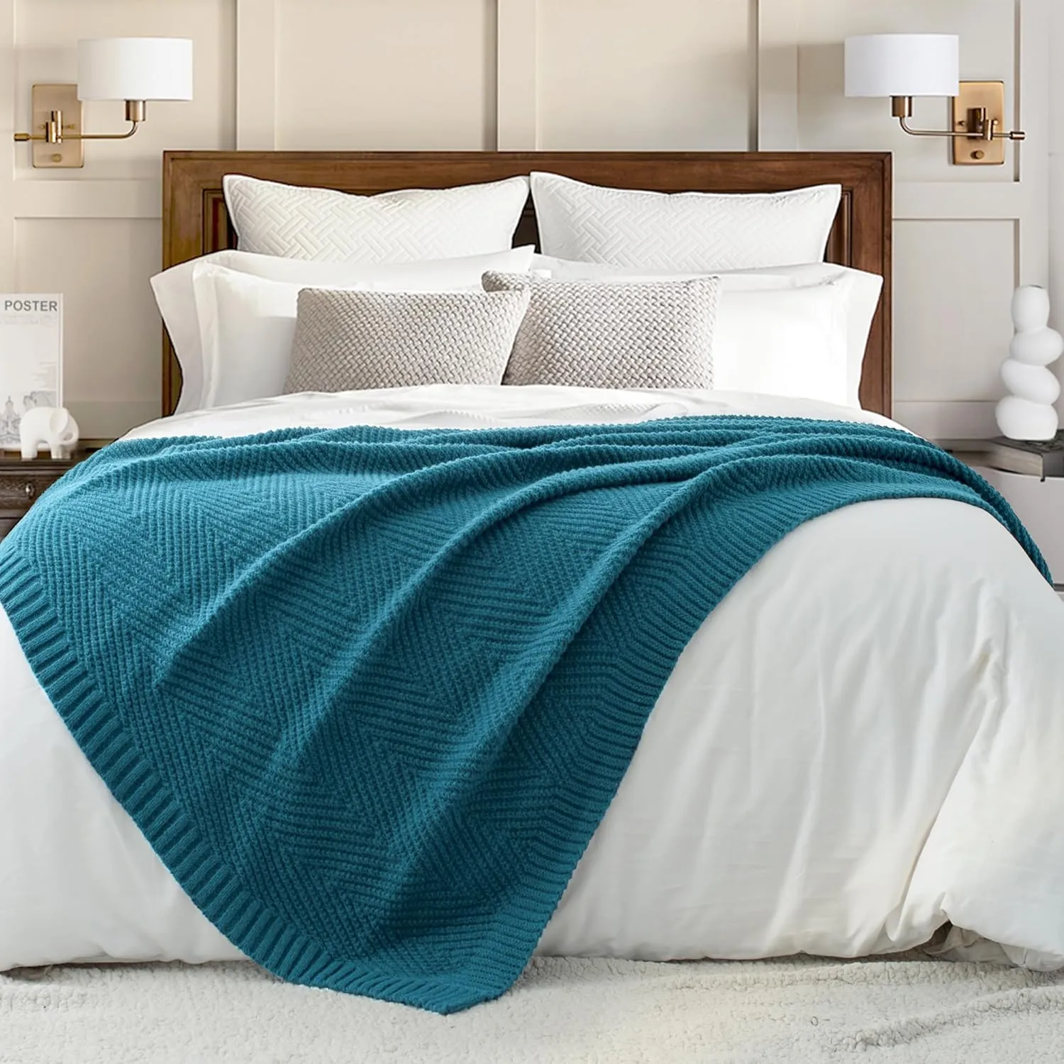 Knitted Throw Blanket 50"X60", Teal Knit Throws for Bed, Super Soft Boho Chevron Blankets for Couch Sofa Chair Room Decor, Textured Decorative Farmhouse Cozy Lightweight