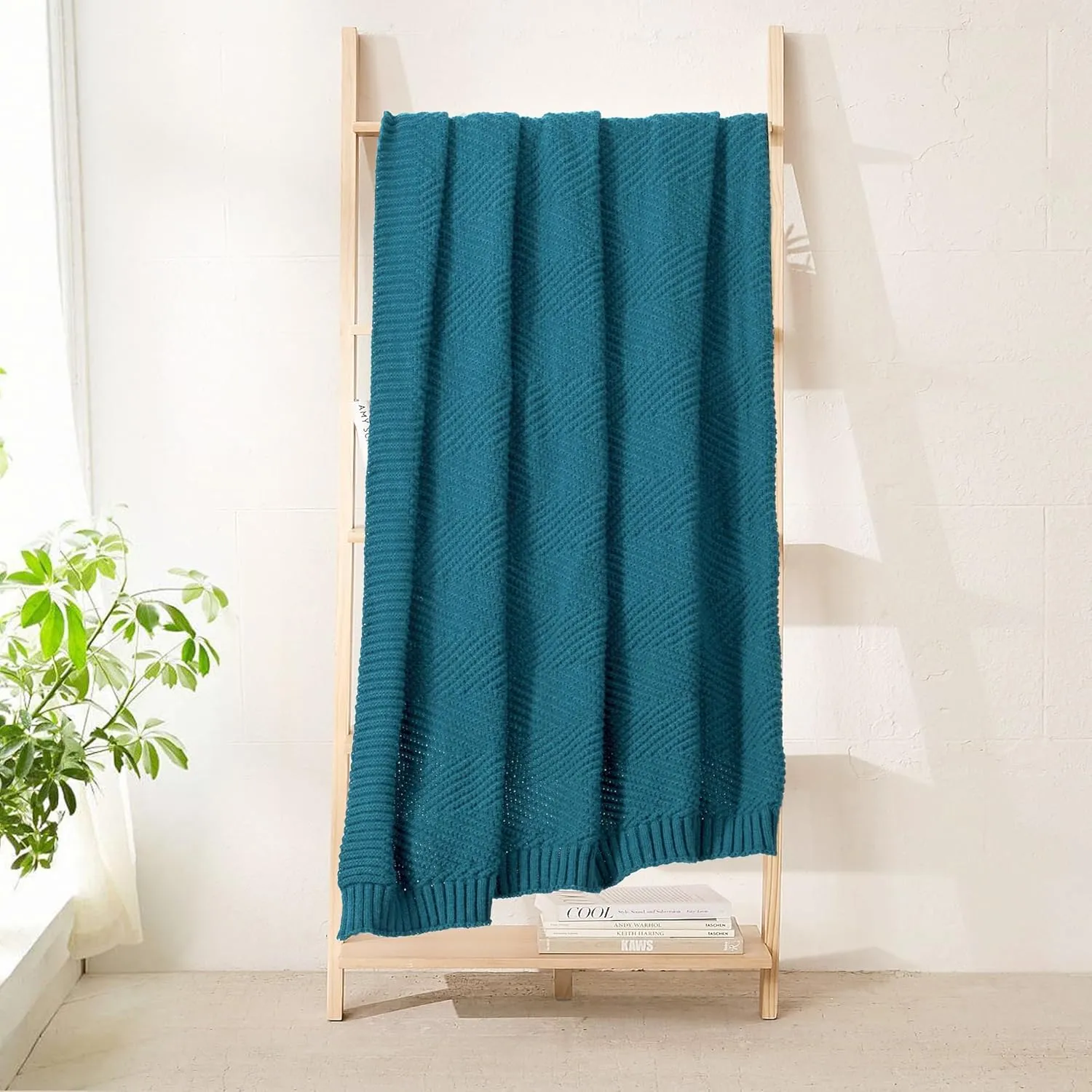 Knitted Throw Blanket 50"X60", Teal Knit Throws for Bed, Super Soft Boho Chevron Blankets for Couch Sofa Chair Room Decor, Textured Decorative Farmhouse Cozy Lightweight