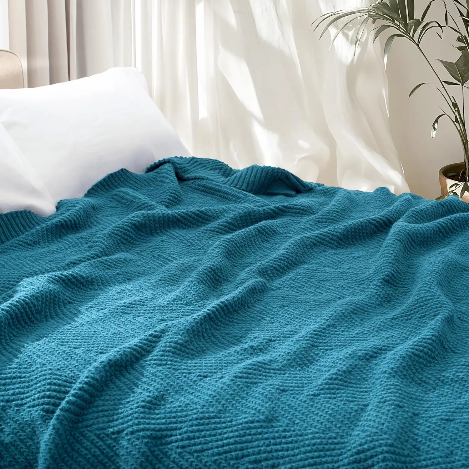 Knitted Throw Blanket 50"X60", Teal Knit Throws for Bed, Super Soft Boho Chevron Blankets for Couch Sofa Chair Room Decor, Textured Decorative Farmhouse Cozy Lightweight