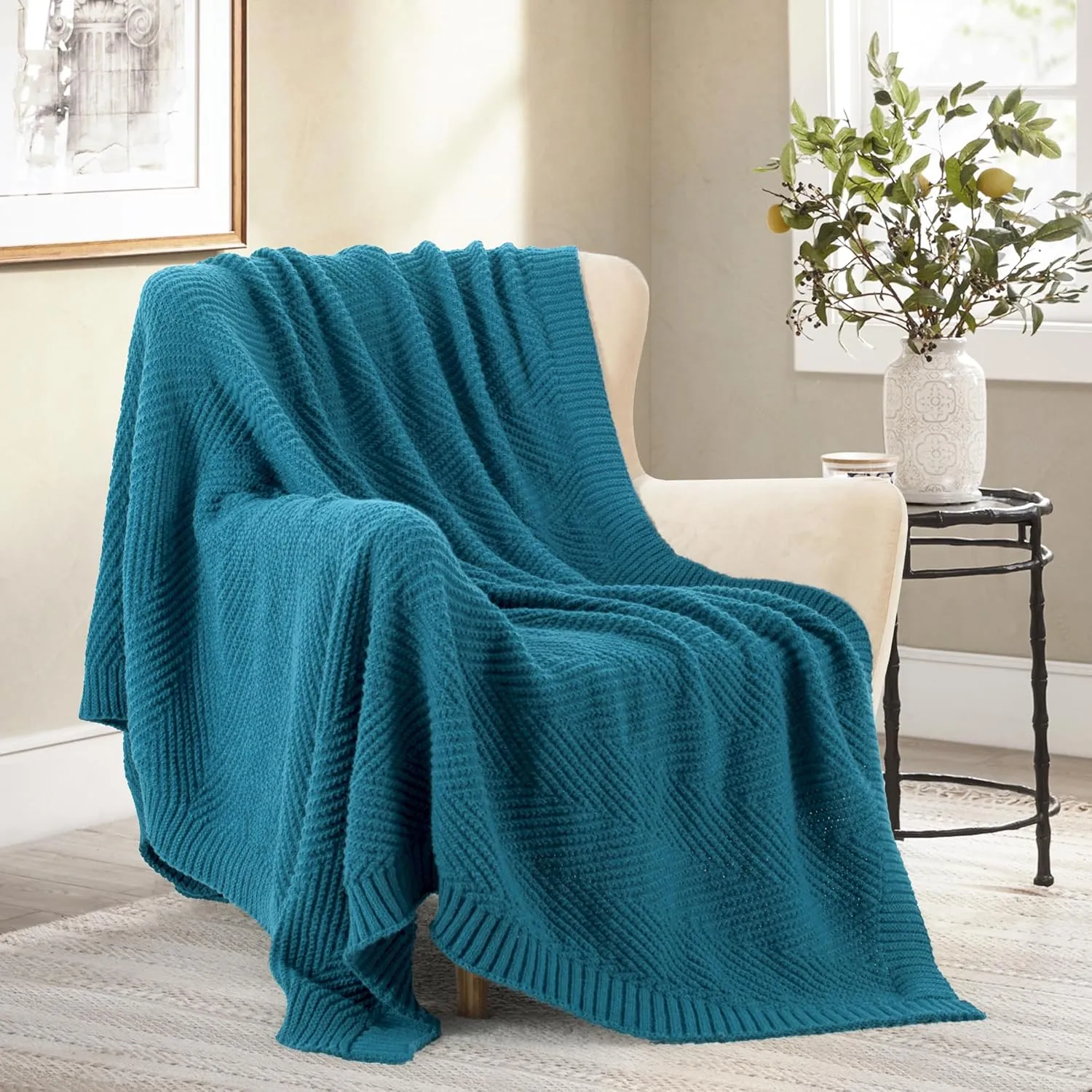 Knitted Throw Blanket 50"X60", Teal Knit Throws for Bed, Super Soft Boho Chevron Blankets for Couch Sofa Chair Room Decor, Textured Decorative Farmhouse Cozy Lightweight