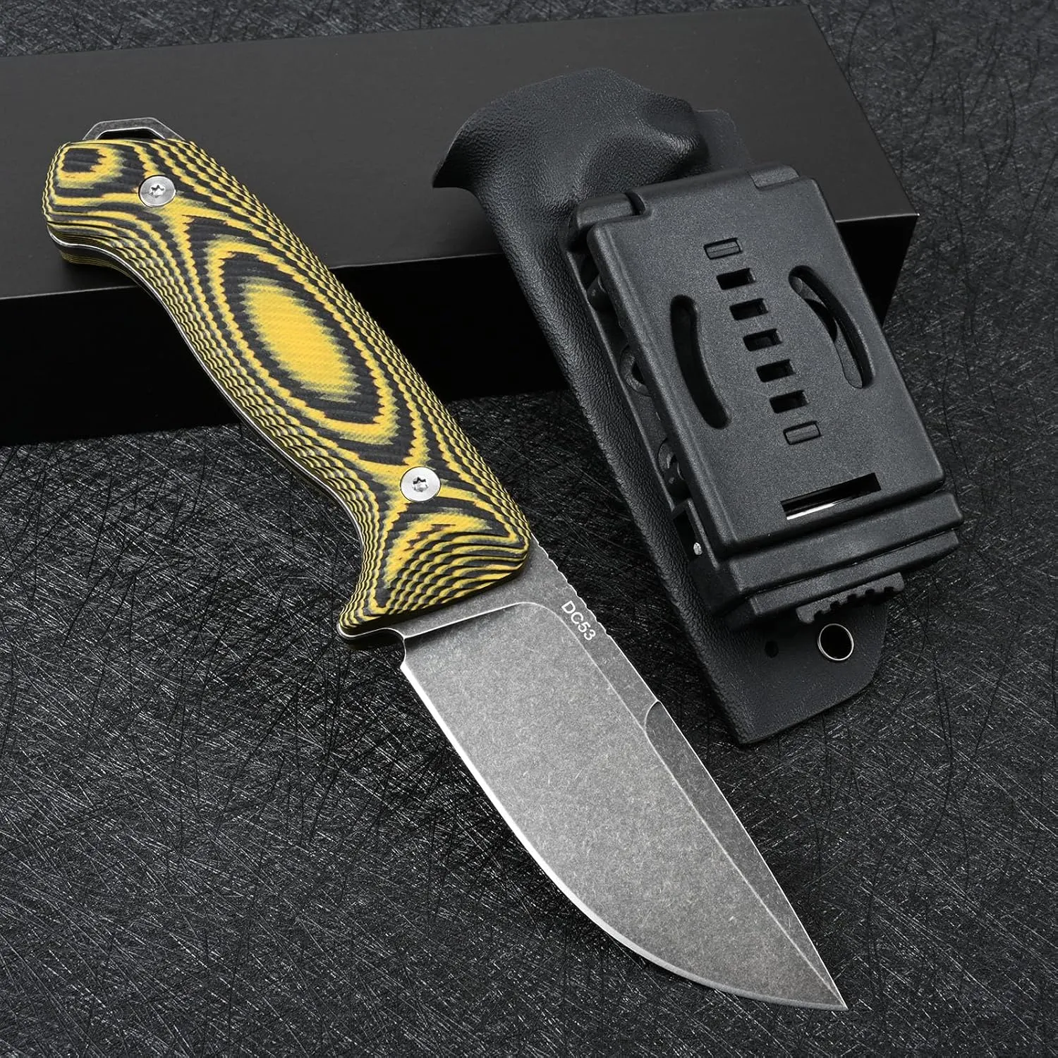Knives DC53 Steel Tactical Hunting Fixed Blade Knife G10 Handle with kydex sheath for Men EDC Outdoor Camping Survival (Black stone wash yellow handle)