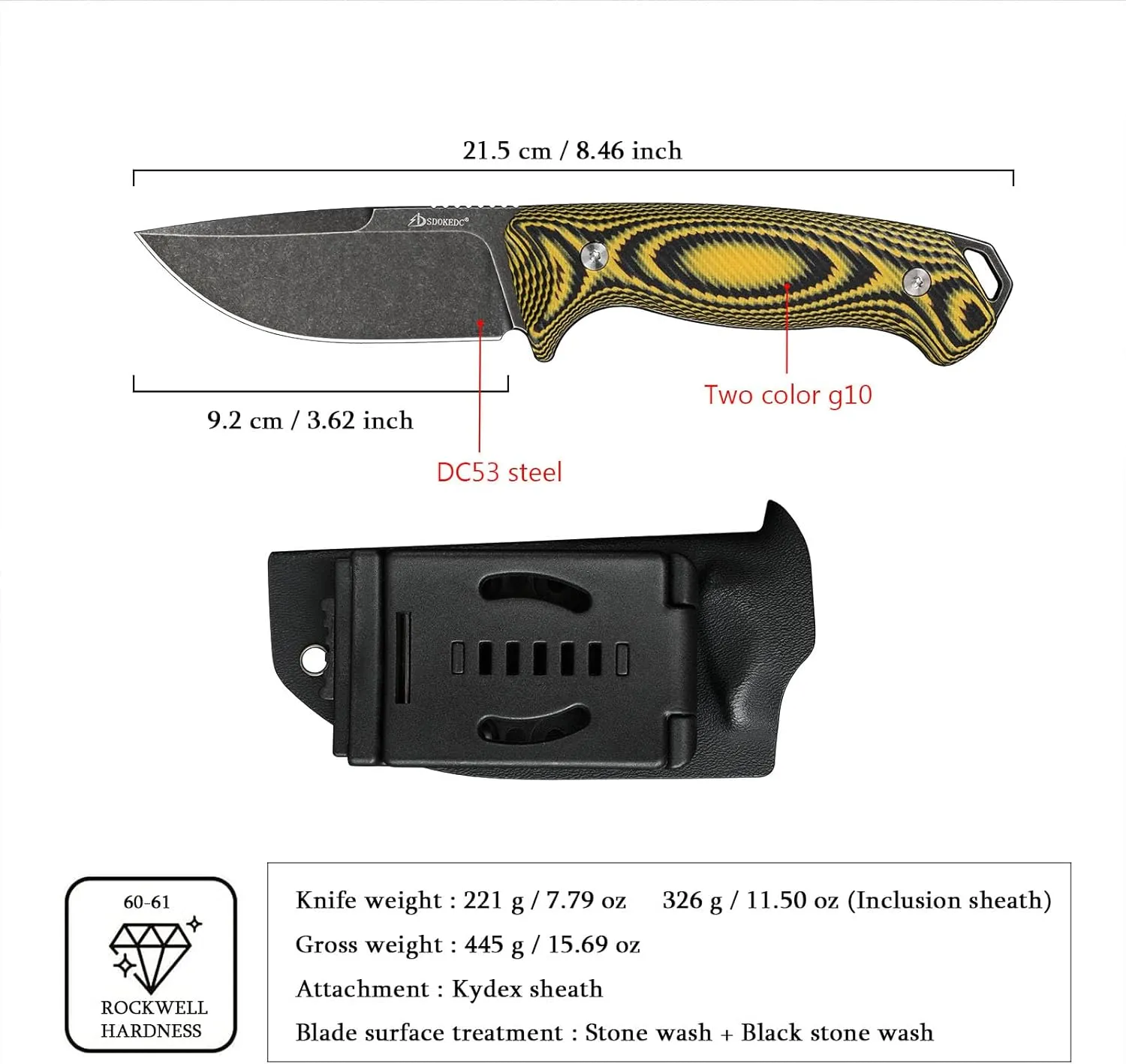 Knives DC53 Steel Tactical Hunting Fixed Blade Knife G10 Handle with kydex sheath for Men EDC Outdoor Camping Survival (Black stone wash yellow handle)