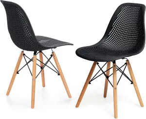 KOTEK Set of 2 Dining Chairs, DSW Molded Shell Plastic Side Chairs with Mesh Design, Solid Wood Legs, Mid-Century Modern Armless Side Chairs for Kitchen, Dining Room, Living Room (Black)