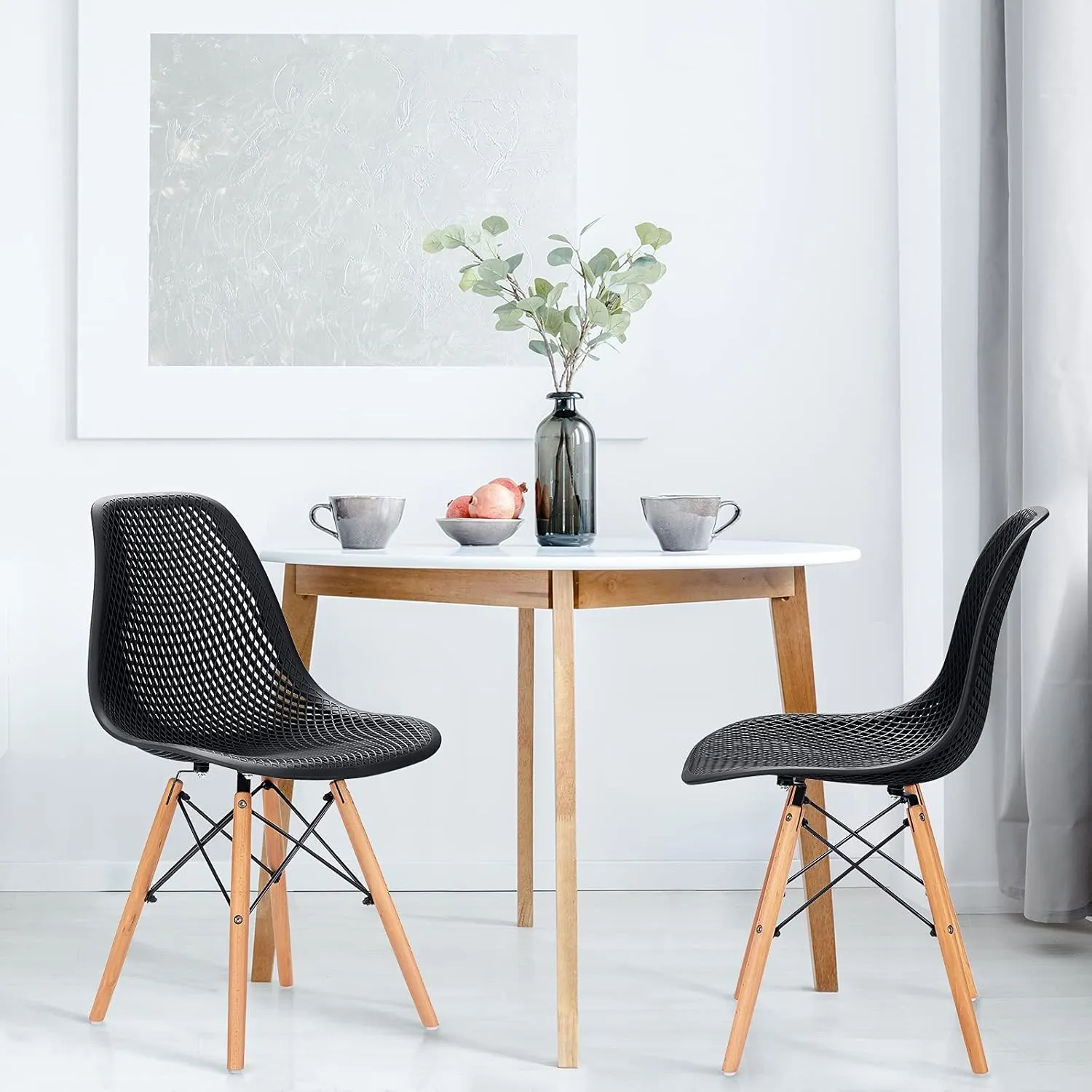 KOTEK Set of 2 Dining Chairs, DSW Molded Shell Plastic Side Chairs with Mesh Design, Solid Wood Legs, Mid-Century Modern Armless Side Chairs for Kitchen, Dining Room, Living Room (Black)