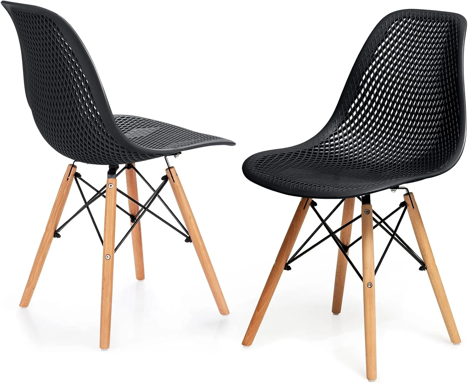 KOTEK Set of 2 Dining Chairs, DSW Molded Shell Plastic Side Chairs with Mesh Design, Solid Wood Legs, Mid-Century Modern Armless Side Chairs for Kitchen, Dining Room, Living Room (Black)