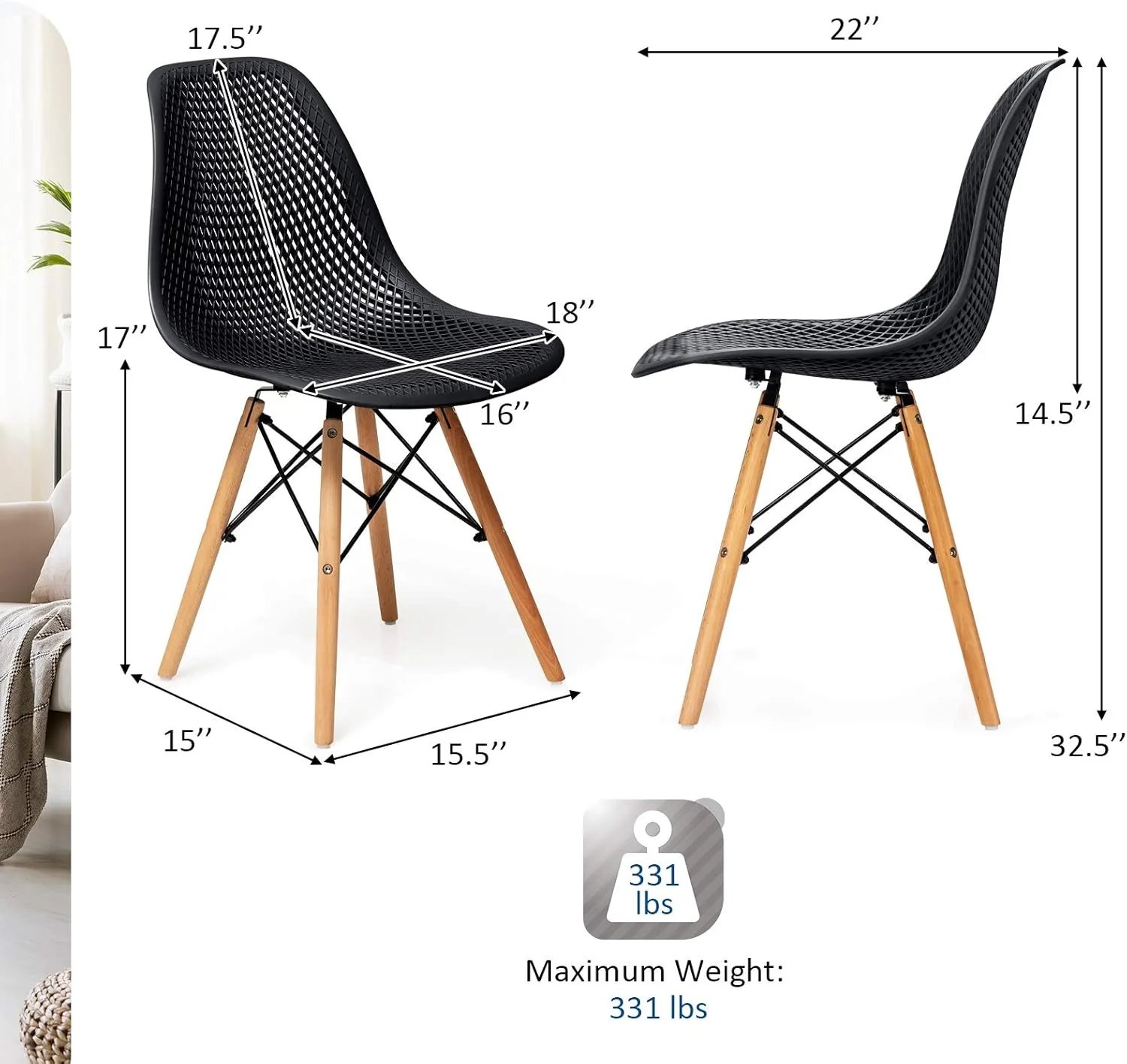 KOTEK Set of 2 Dining Chairs, DSW Molded Shell Plastic Side Chairs with Mesh Design, Solid Wood Legs, Mid-Century Modern Armless Side Chairs for Kitchen, Dining Room, Living Room (Black)