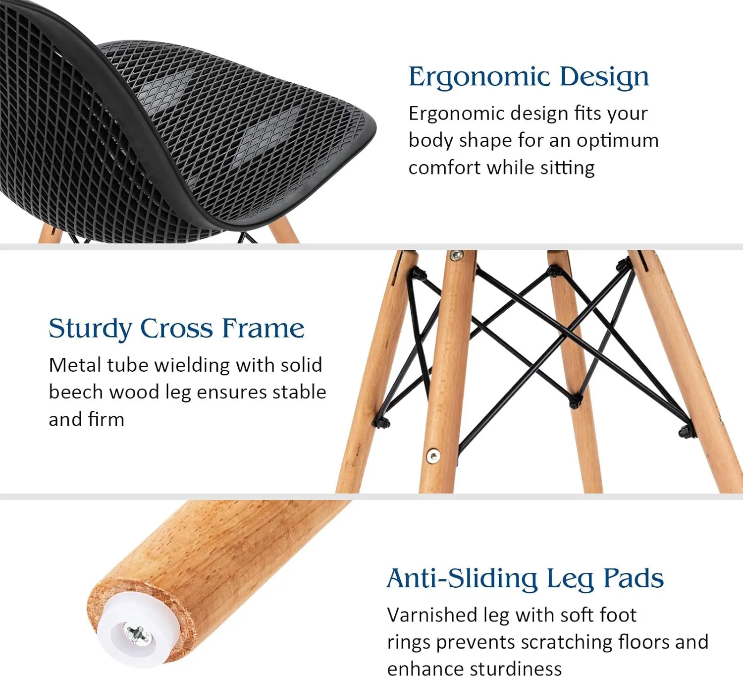KOTEK Set of 2 Dining Chairs, DSW Molded Shell Plastic Side Chairs with Mesh Design, Solid Wood Legs, Mid-Century Modern Armless Side Chairs for Kitchen, Dining Room, Living Room (Black)