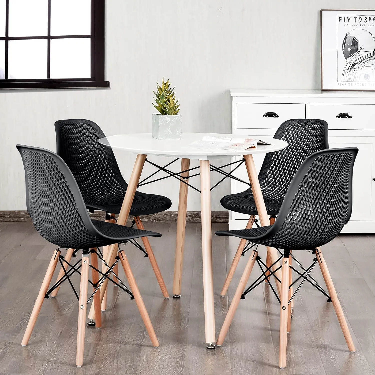 KOTEK Set of 2 Dining Chairs, DSW Molded Shell Plastic Side Chairs with Mesh Design, Solid Wood Legs, Mid-Century Modern Armless Side Chairs for Kitchen, Dining Room, Living Room (Black)