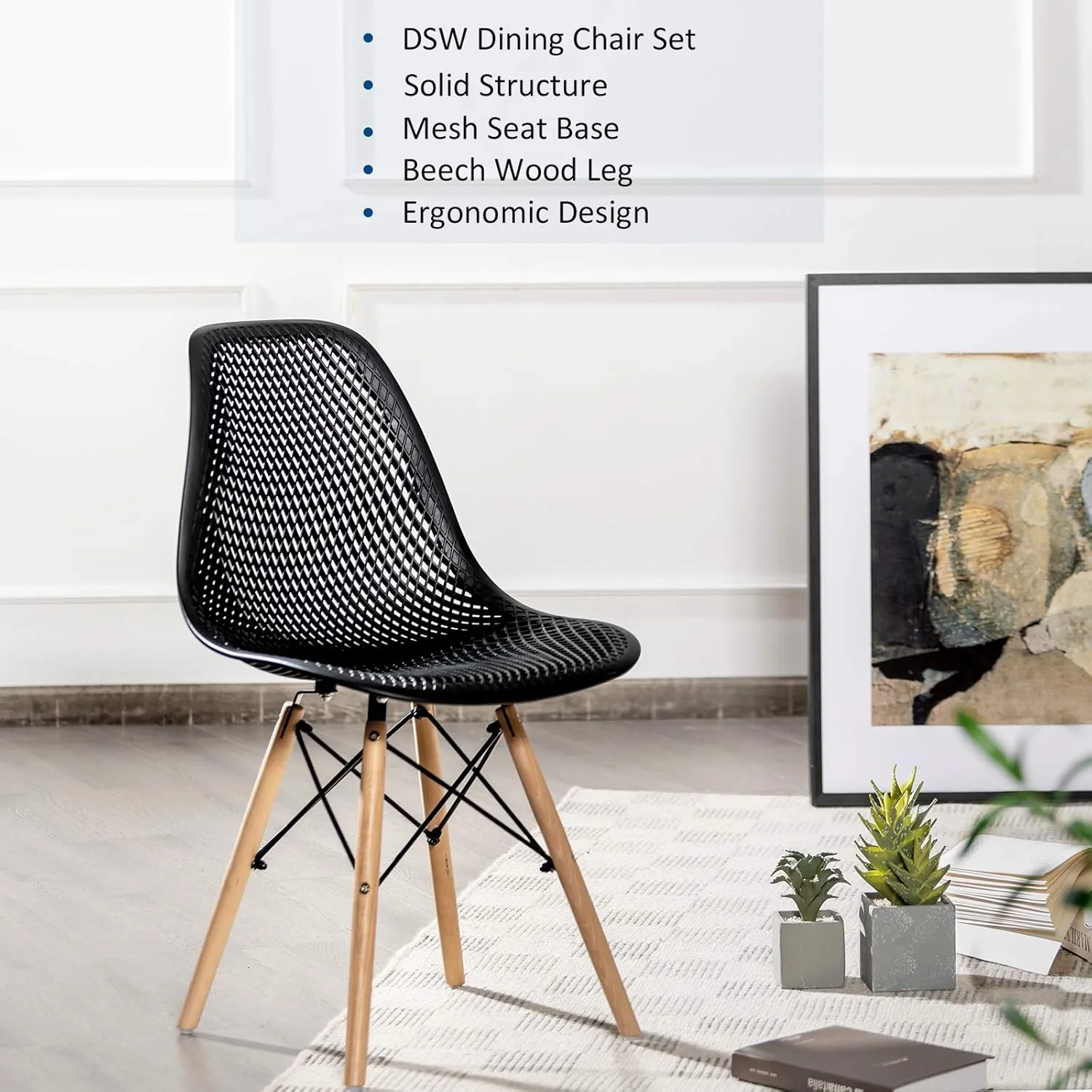 KOTEK Set of 2 Dining Chairs, DSW Molded Shell Plastic Side Chairs with Mesh Design, Solid Wood Legs, Mid-Century Modern Armless Side Chairs for Kitchen, Dining Room, Living Room (Black)