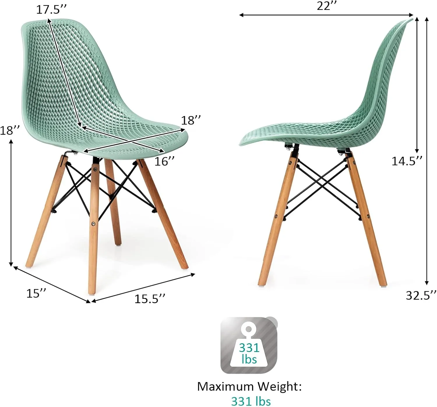 KOTEK Set of 2 Dining Chairs, DSW Molded Shell Plastic Side Chairs with Mesh Design, Solid Wood Legs, Mid-Century Modern Armless Side Chairs for Kitchen, Dining Room, Living Room (Green)