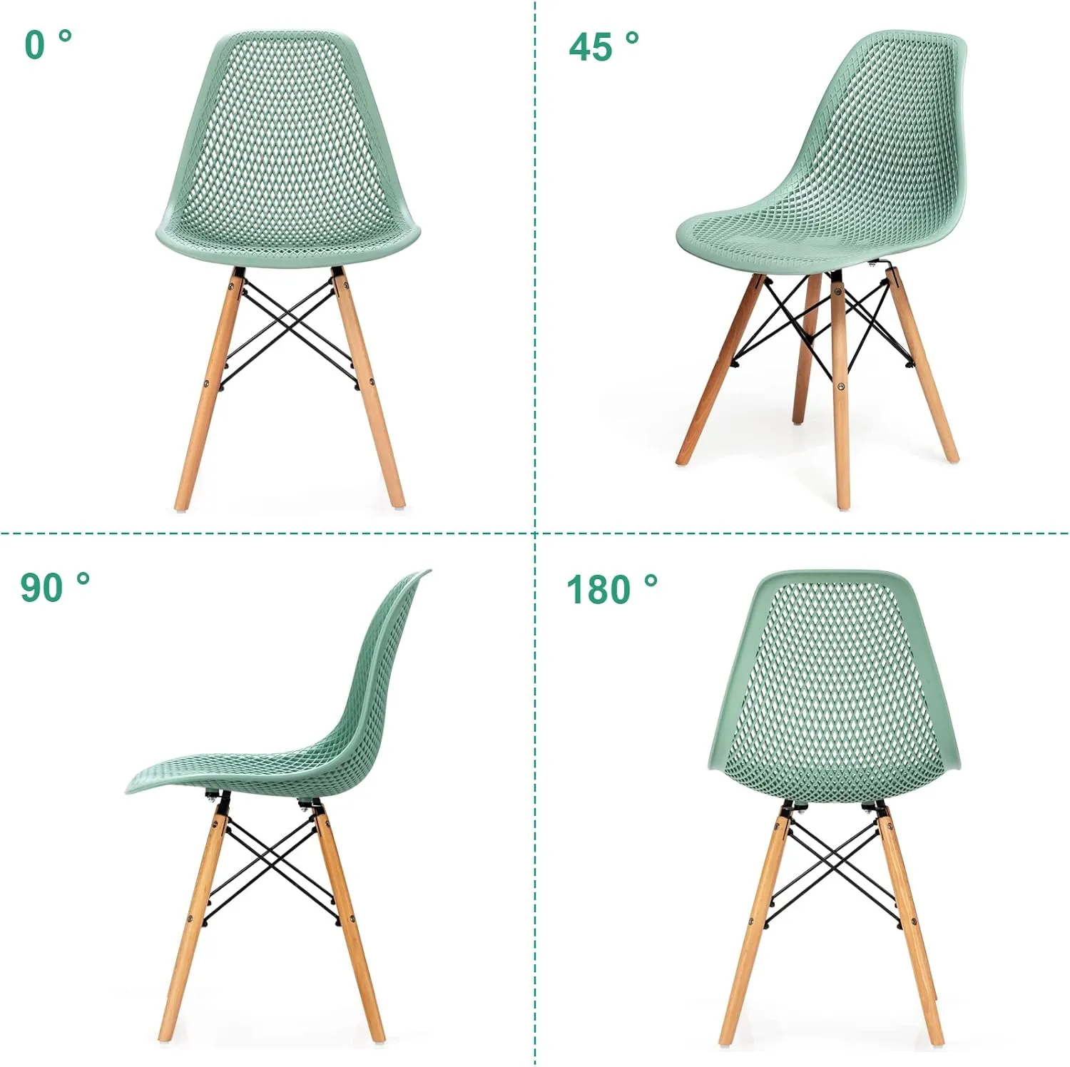 KOTEK Set of 2 Dining Chairs, DSW Molded Shell Plastic Side Chairs with Mesh Design, Solid Wood Legs, Mid-Century Modern Armless Side Chairs for Kitchen, Dining Room, Living Room (Green)