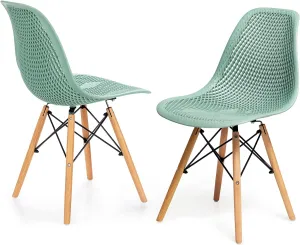 KOTEK Set of 2 Dining Chairs, DSW Molded Shell Plastic Side Chairs with Mesh Design, Solid Wood Legs, Mid-Century Modern Armless Side Chairs for Kitchen, Dining Room, Living Room (Green)