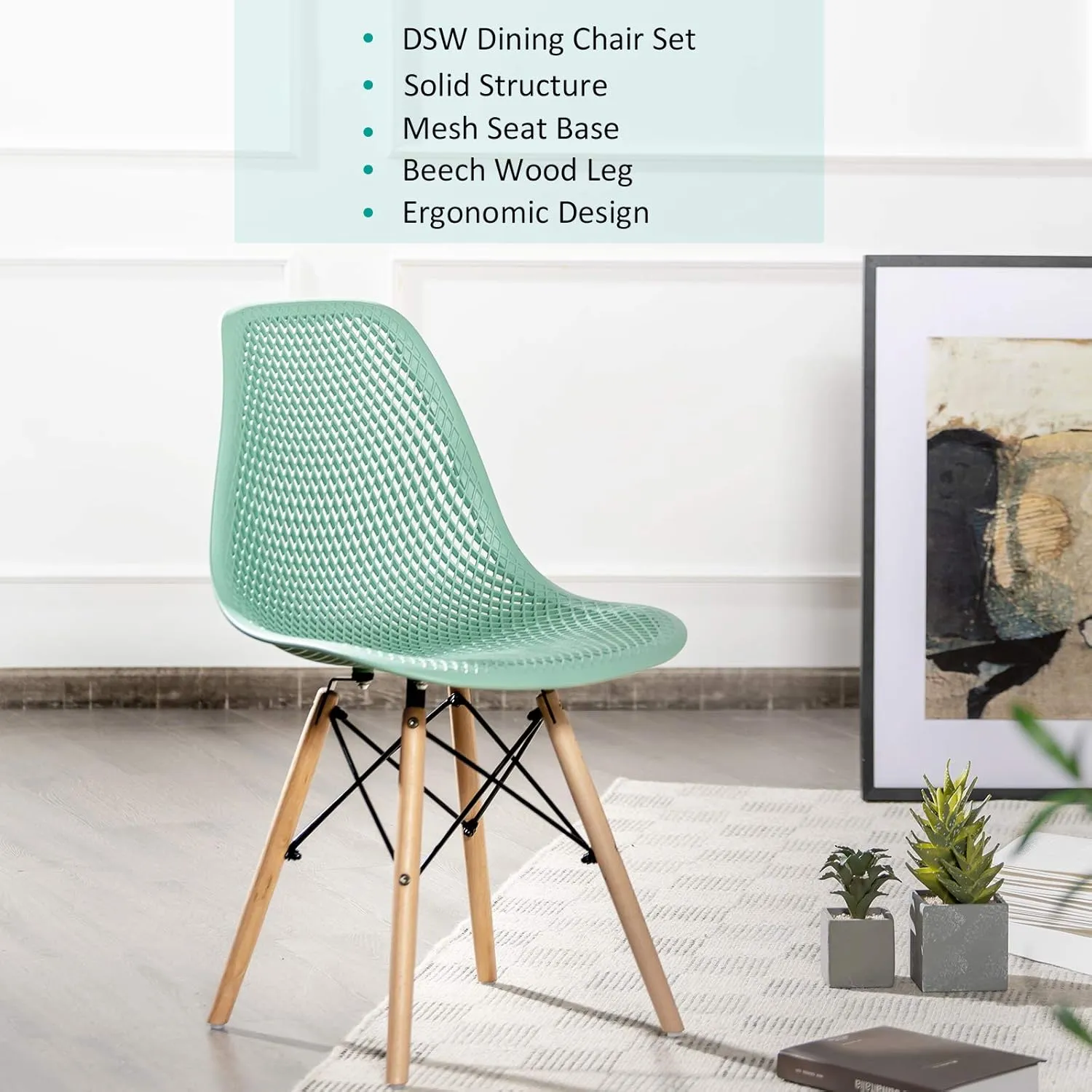 KOTEK Set of 2 Dining Chairs, DSW Molded Shell Plastic Side Chairs with Mesh Design, Solid Wood Legs, Mid-Century Modern Armless Side Chairs for Kitchen, Dining Room, Living Room (Green)