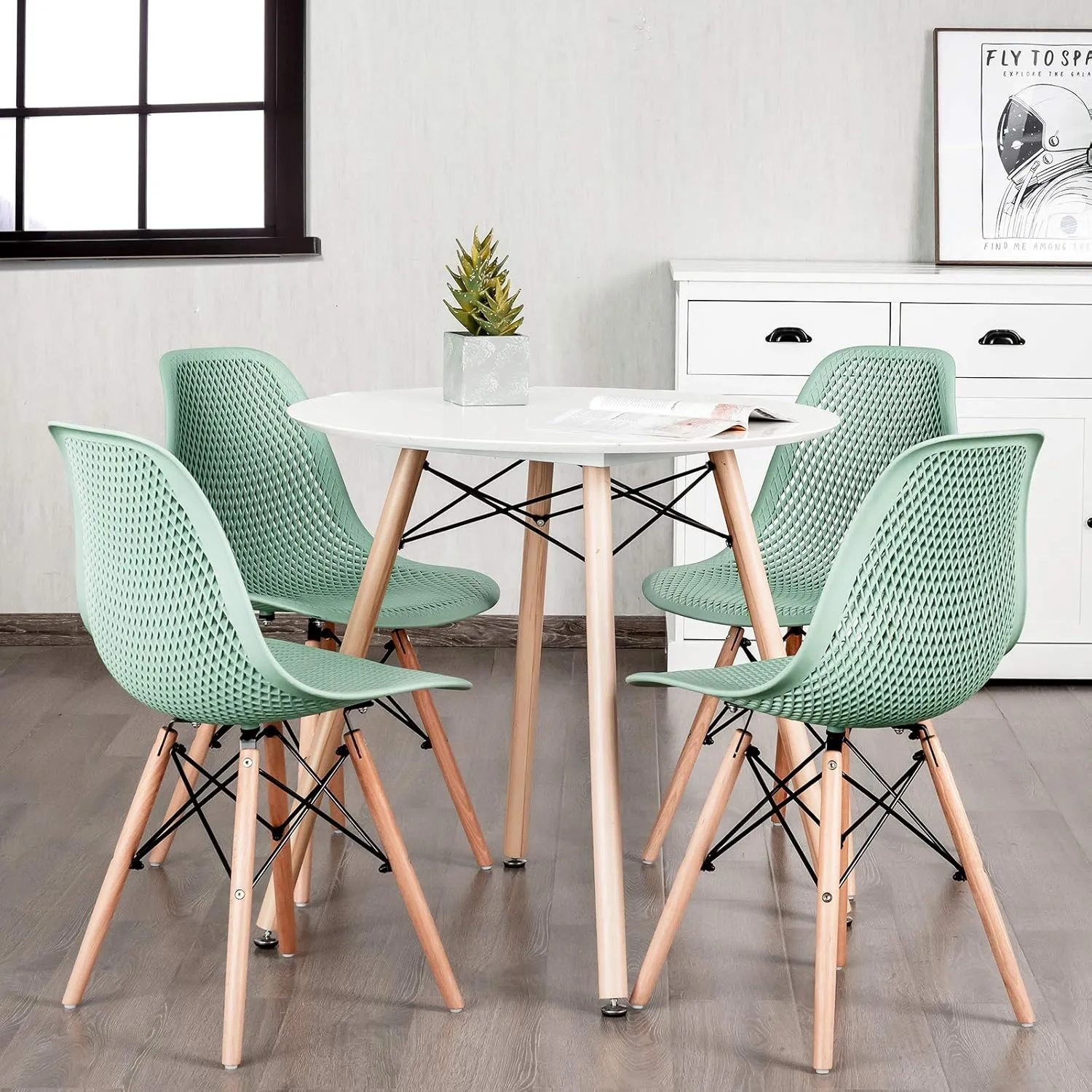 KOTEK Set of 2 Dining Chairs, DSW Molded Shell Plastic Side Chairs with Mesh Design, Solid Wood Legs, Mid-Century Modern Armless Side Chairs for Kitchen, Dining Room, Living Room (Green)