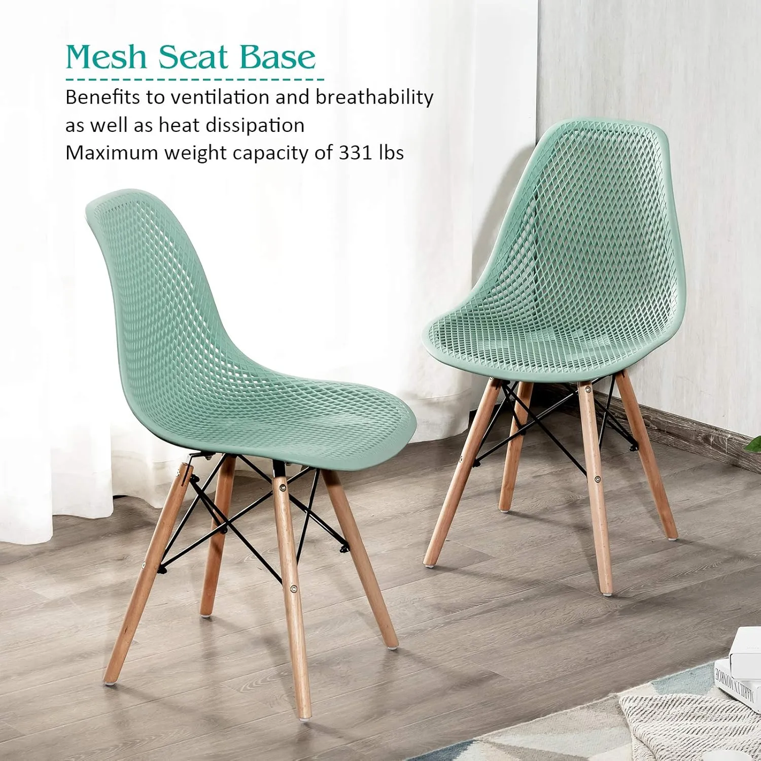 KOTEK Set of 2 Dining Chairs, DSW Molded Shell Plastic Side Chairs with Mesh Design, Solid Wood Legs, Mid-Century Modern Armless Side Chairs for Kitchen, Dining Room, Living Room (Green)