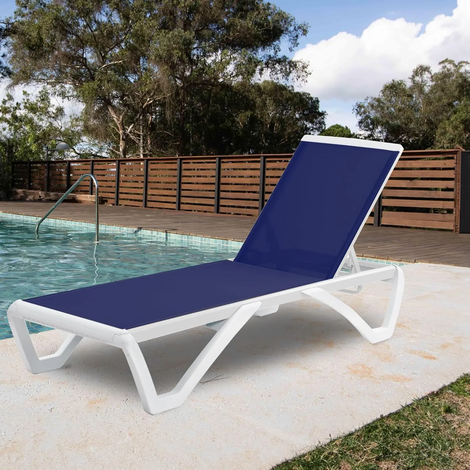 Kozyard Patio Chaise Lounge Chair - Full Flat Alumium & Resin Legs, Outdoor Reclining Adjustable Chair for Sunbathing, Beach, Patio, Lounge Set or Patio Table (NavyBlue Textilene Without Table)