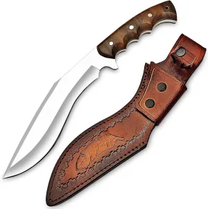 Kukri Survival Knife with Sheath, 15" Full Tang Fixed Blade Hunting Knife with Wood Handle for Survival and Bushcraft Outdoor Activities, Camping Gifts for Men